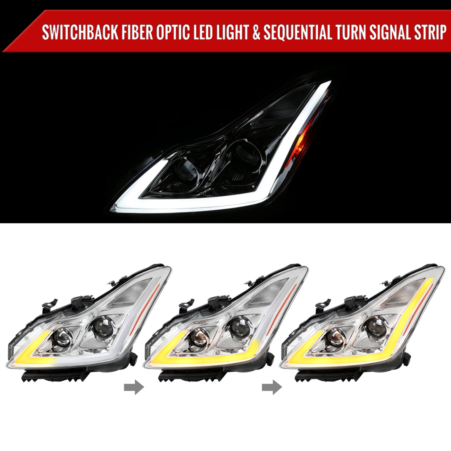 2008-2013 Infiniti G37/ 2014-2015 Q60 LED Signal Headlights Chrome Glossy Black