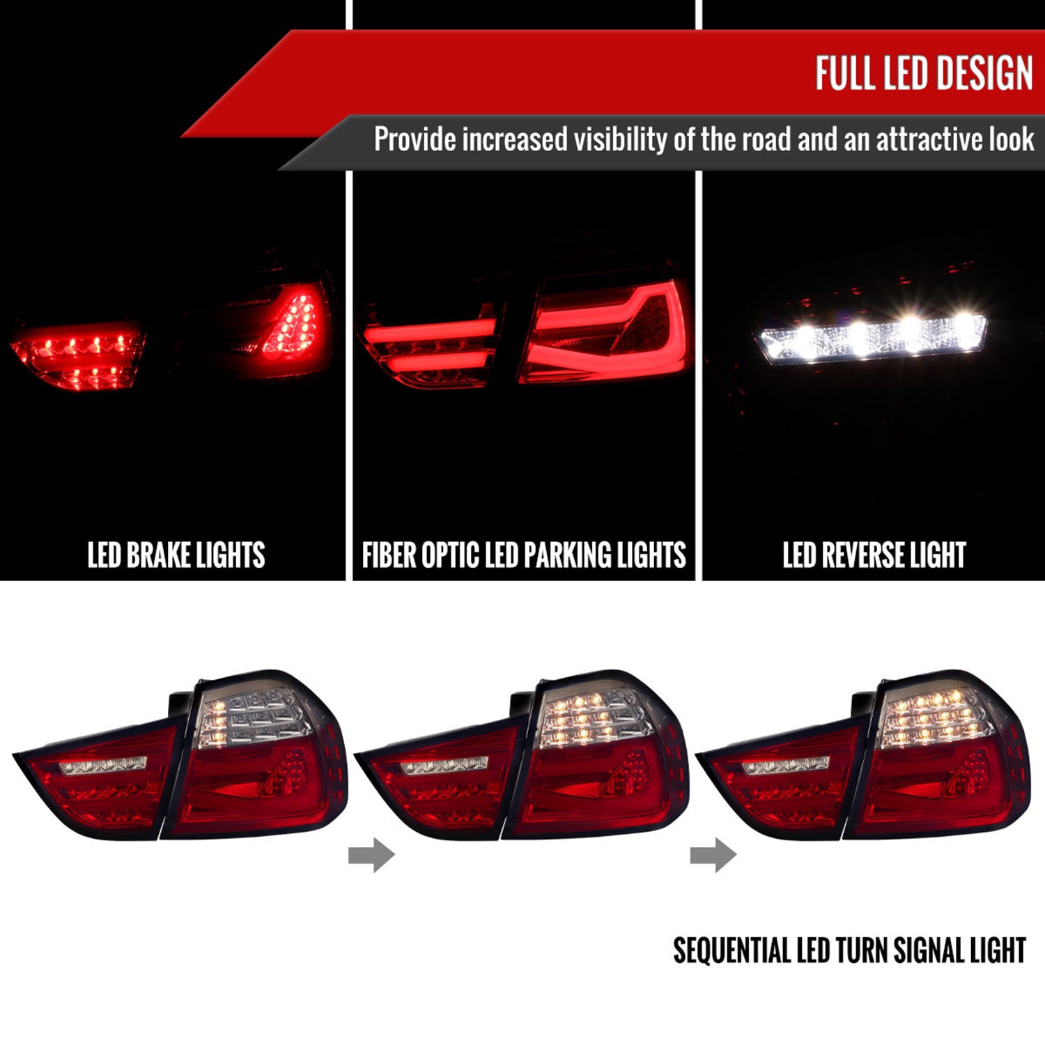 2009-2011 BMW E90 3-Series 4Dr Sedan Red LED Tail Light Chrome/Red Smoke Lens