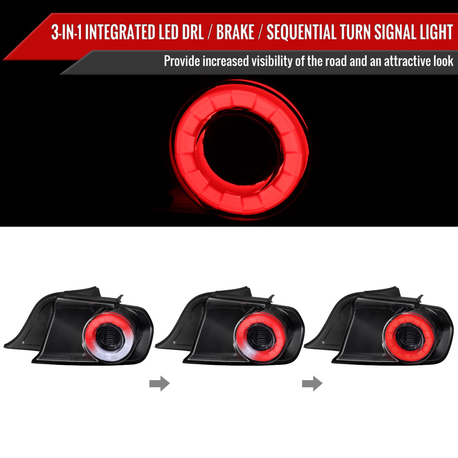 2015-2022 Ford Mustang White LED Bar Tail Lights Glossy Black