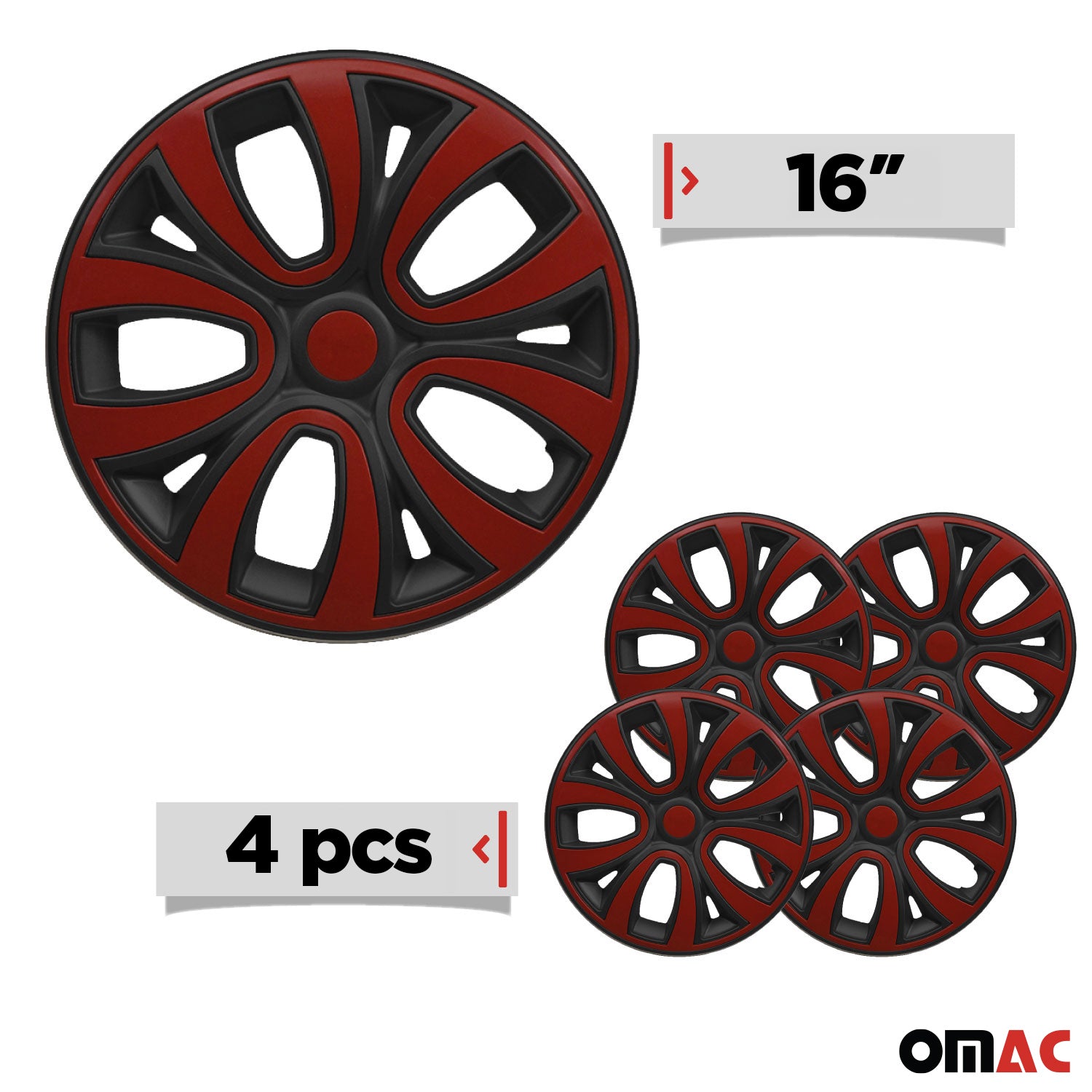ColorFlex Hub Caps Wheel Cover 16" Black Matt & Red Full Set 4 pcs.