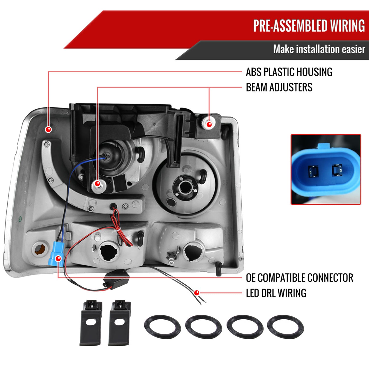 1999-2002 Chevy Silverado 1PC Headlights LED Light&Bumper Lights Black