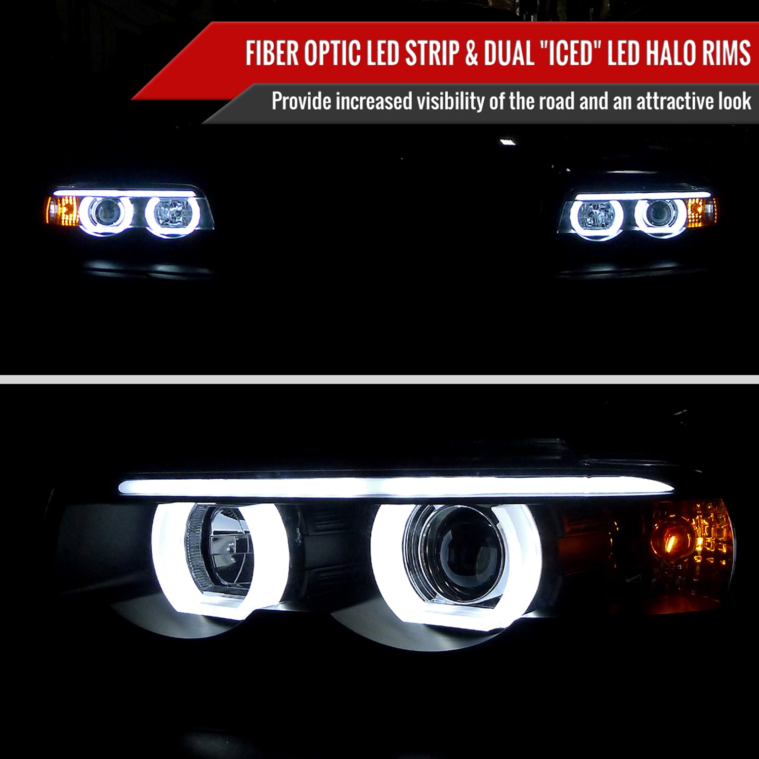 1995-2001 BMW E38 7 Series LED Bar Dual Halo Projector Headlights Matt Black