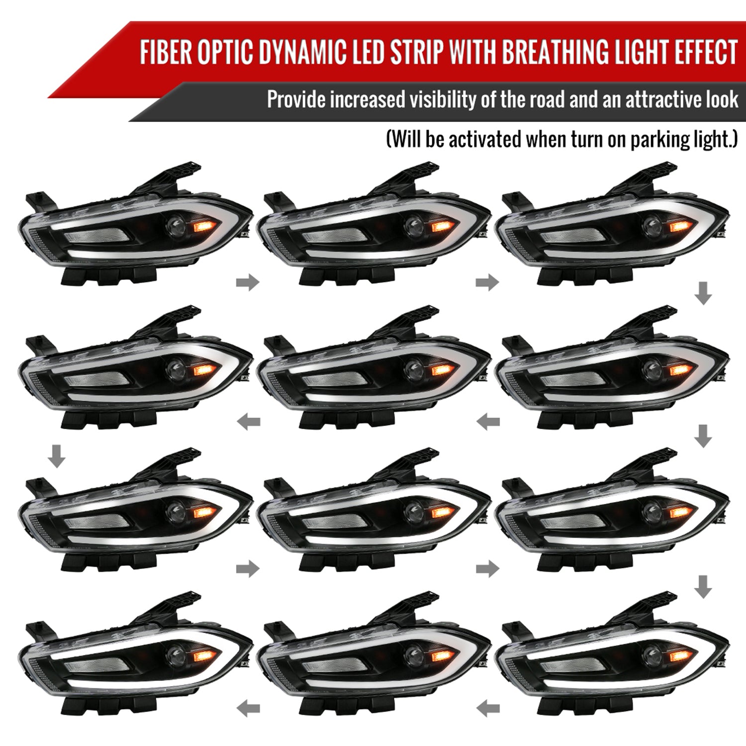 2013-2016 Dodge Dart Sequential Animated LED Bar Projector Headlights Black