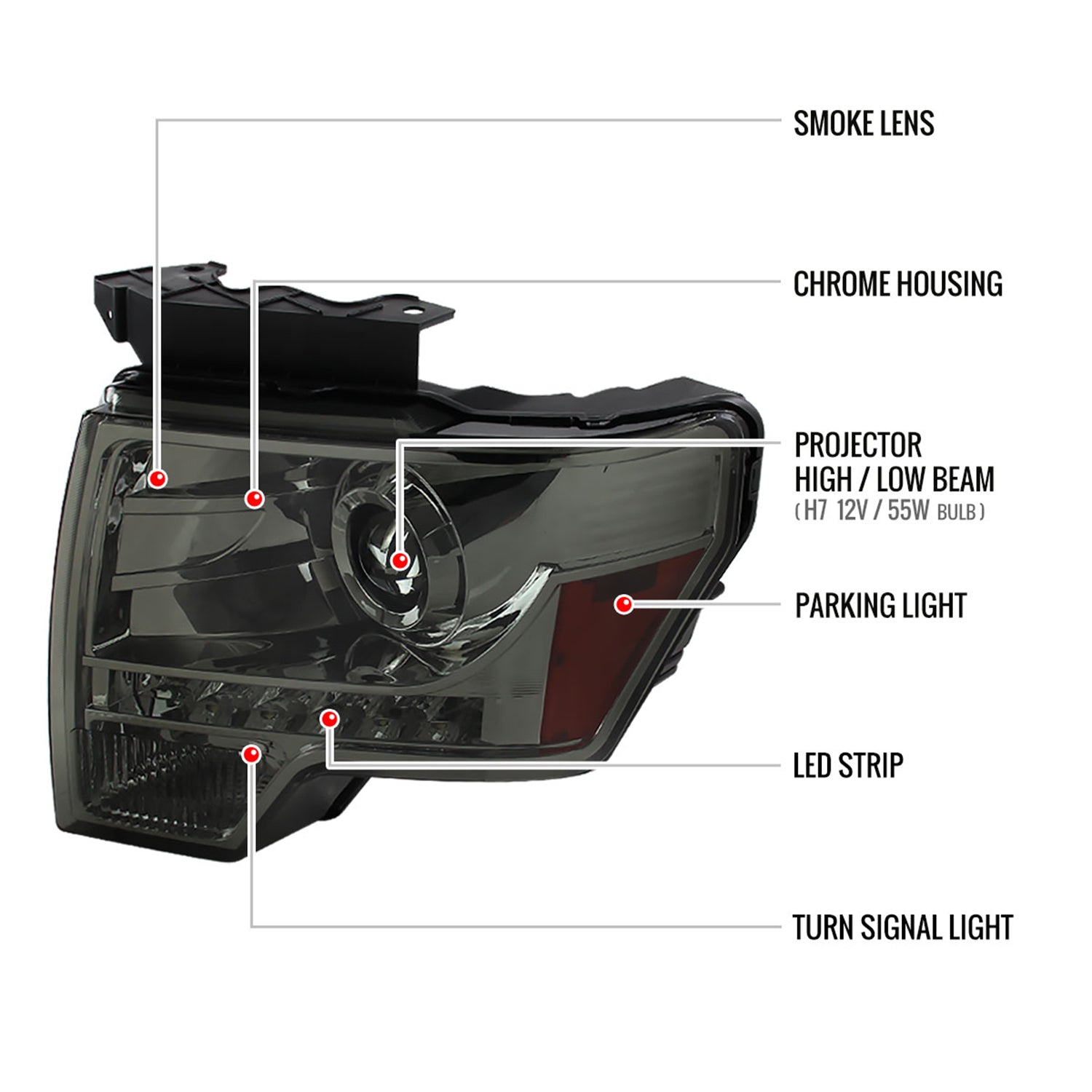2009-2014 Ford F-150 Projector Headlights w/ LED Light Strip Chrome/Smoke Lens