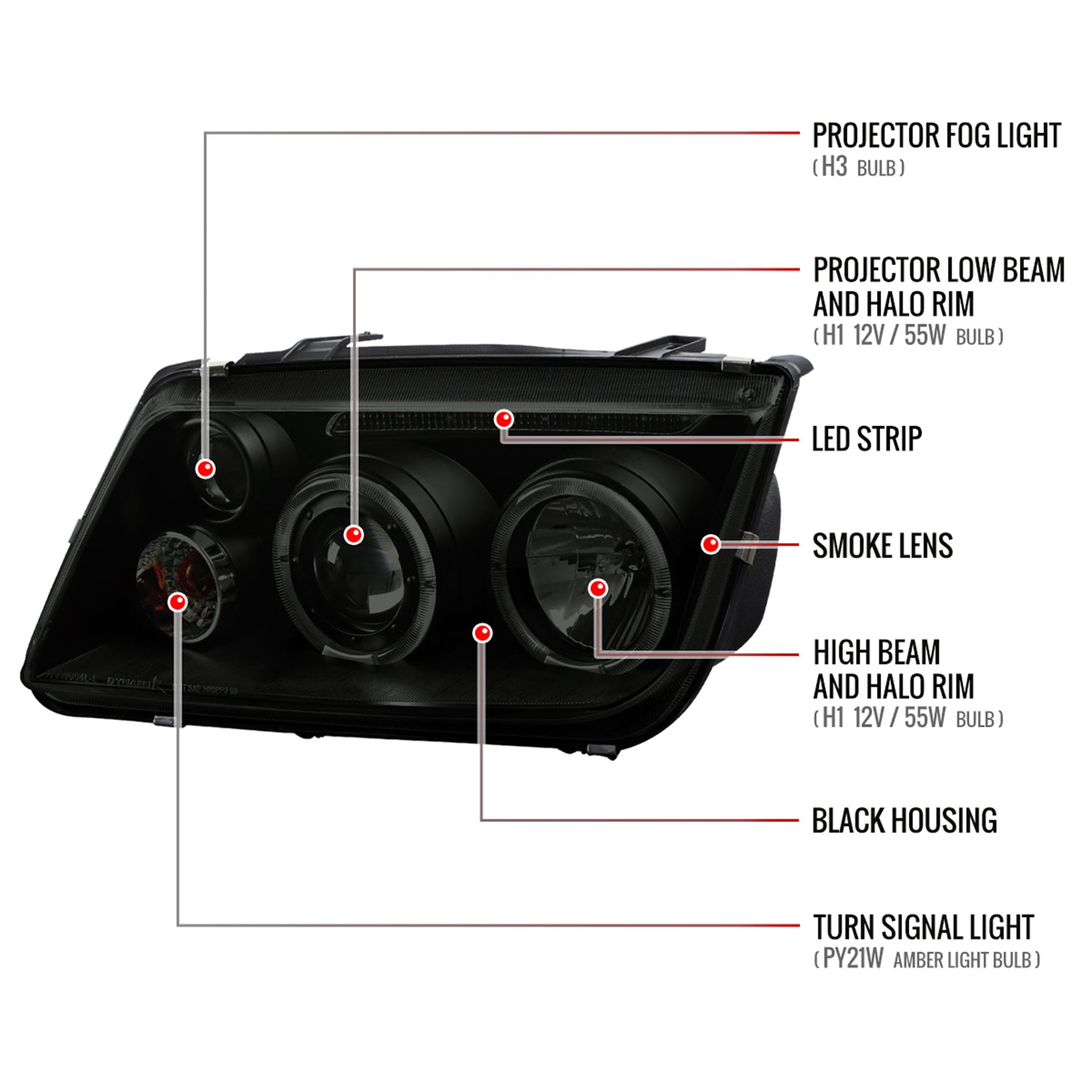 1999-2005 VW Jetta/Bora Mk4 Dual Halo Projector Headlights LED Light Smoke