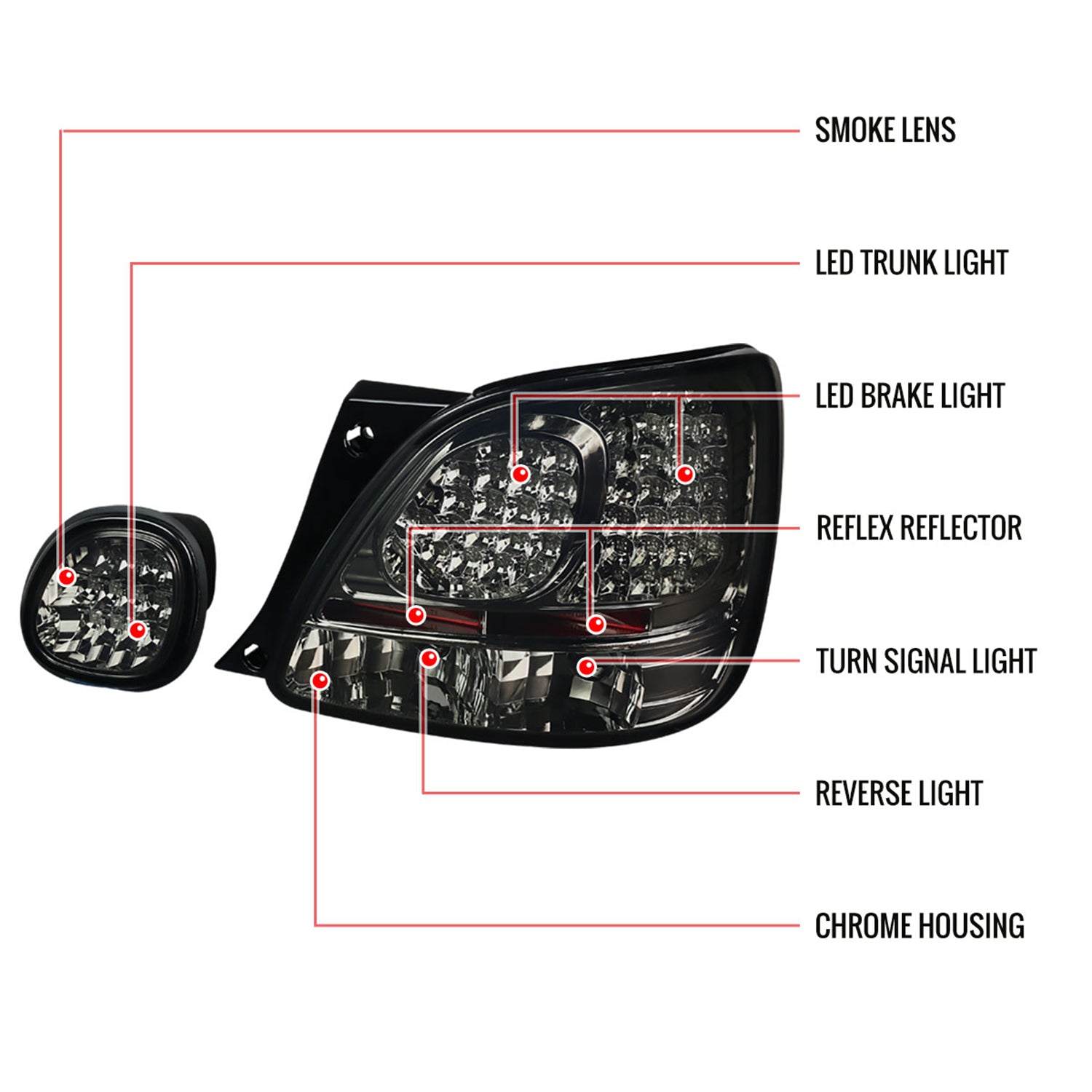 1998-2005 Lexus GS300/GS400/GS430 LED Tail & Trunk Lights Chrome/Red Smoke