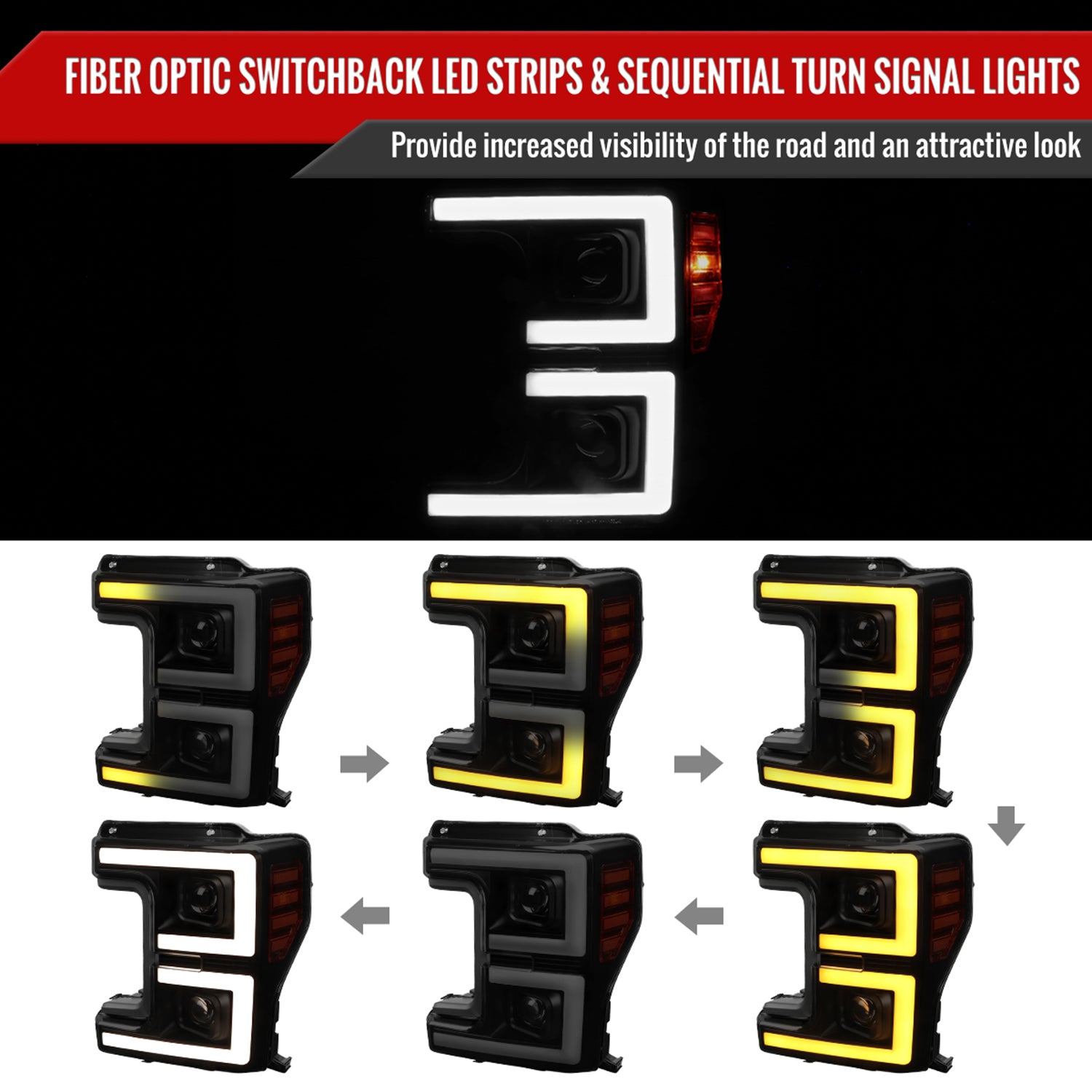 2017-2019 Ford F-250 F-350 F-450 F550 LED C-Bar Headlights Signal Glossy Black