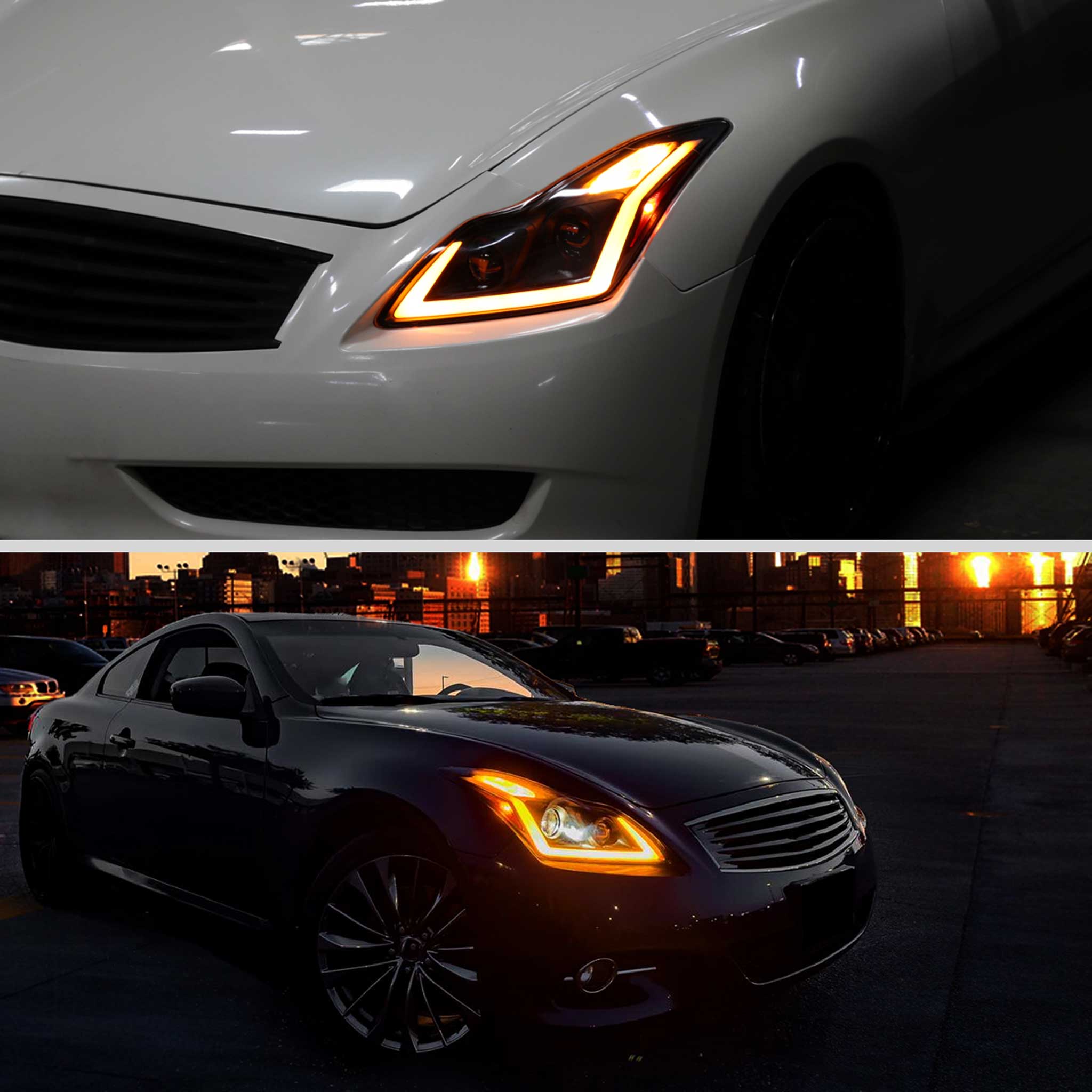 For Infiniti G37 2008-13 / Q60 Coupe 2014-15 LED Projector Headlights Sequential Matte Black Clear Lens Switchback
