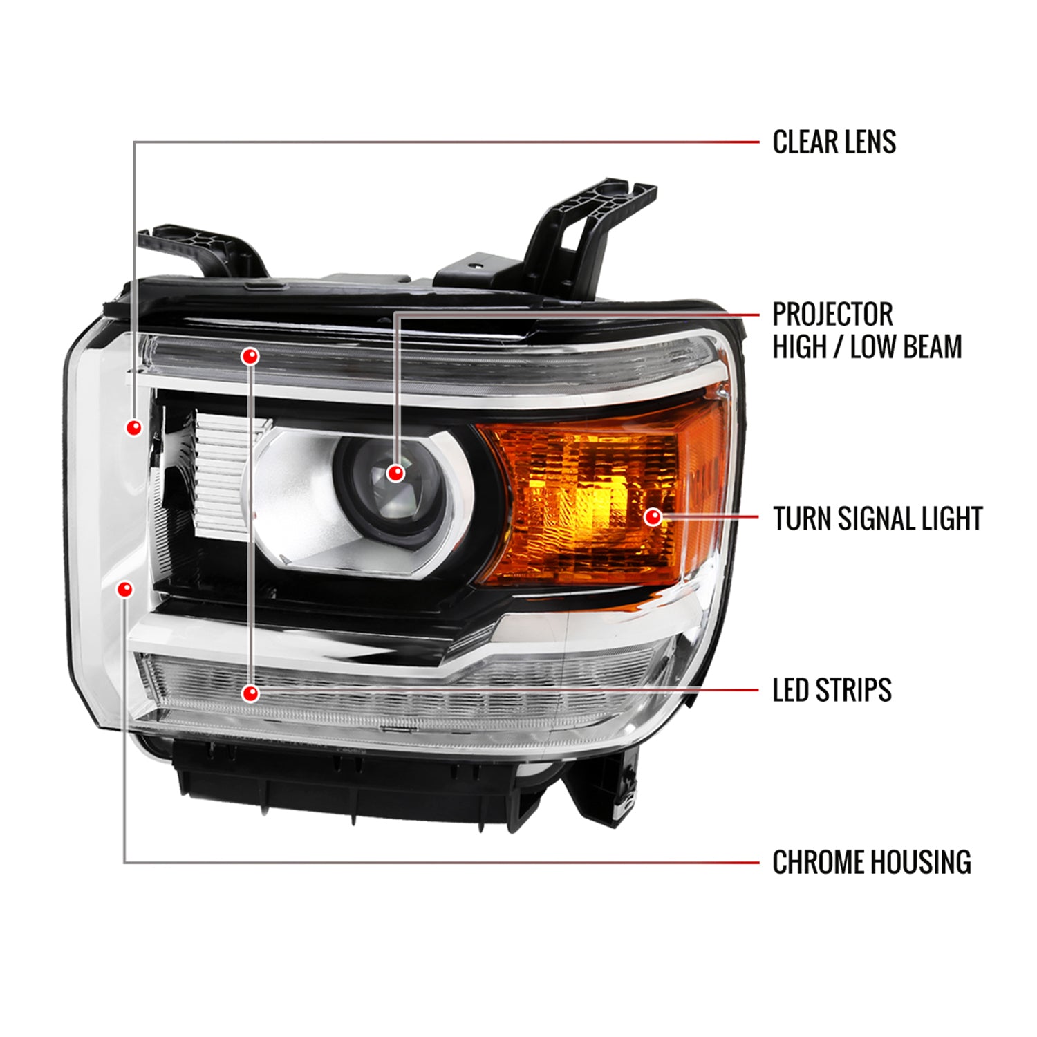 2014-2019 GMC Sierra LED Light Strip Projector Headlights Chrome/Clear Lens