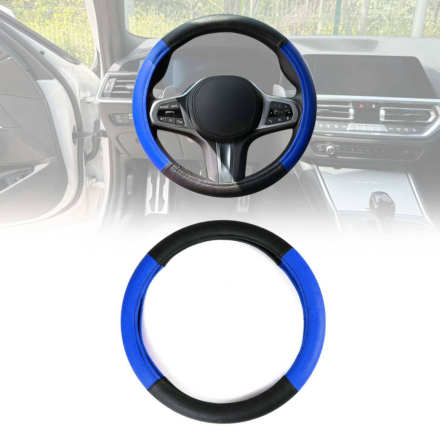 14.5-15.5’’ Steering Wheel Cover Blue Black Leather Anti-slip Breathable
