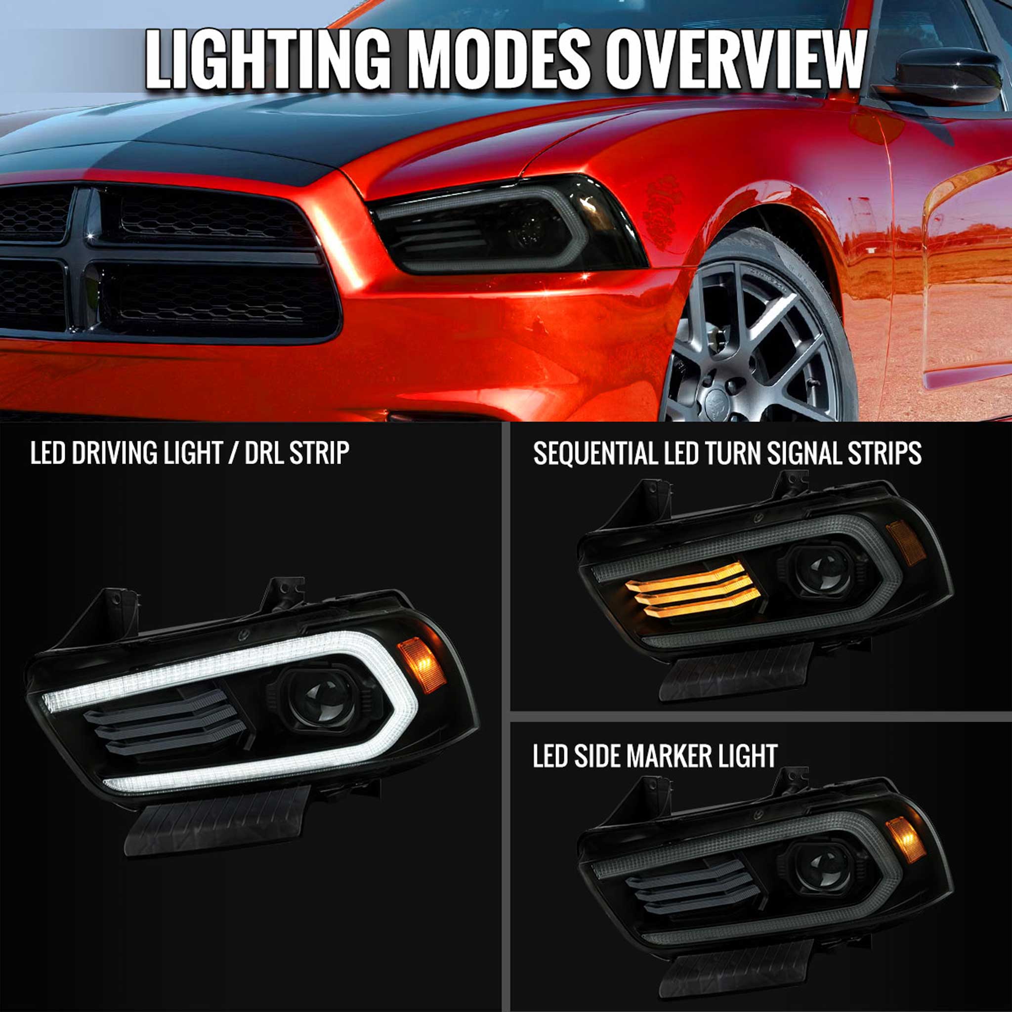 For Dodge Charger 2011-2014 Headlights LED DRL Light Strip Turn Signal Side Marker Black Housing Smoked Lens