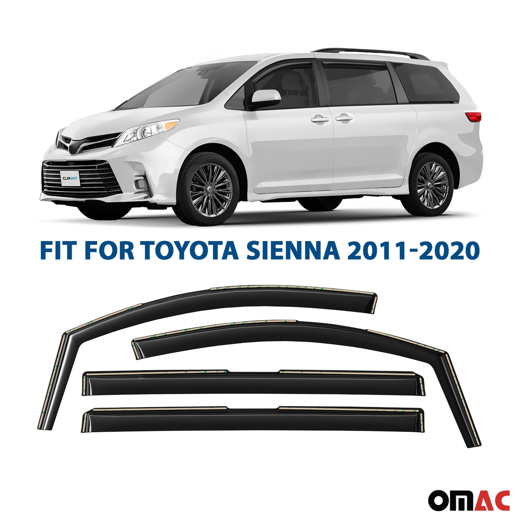 Clim Art Wind Deflectors for Toyota Sienna 2011-2020 Shatterproof Dark Smoke 4x