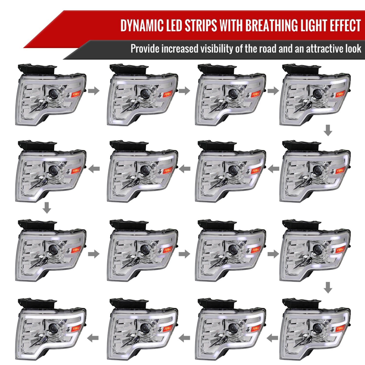 2009-2014 Ford F-150 Sequential LED Turn Signal Projector Headlights Chrome