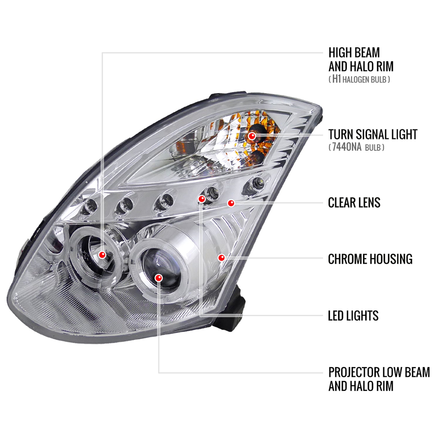 2003-2007 Infiniti G35 Coupe Dual Halo Projector Headlights Chrome/Clear Lens
