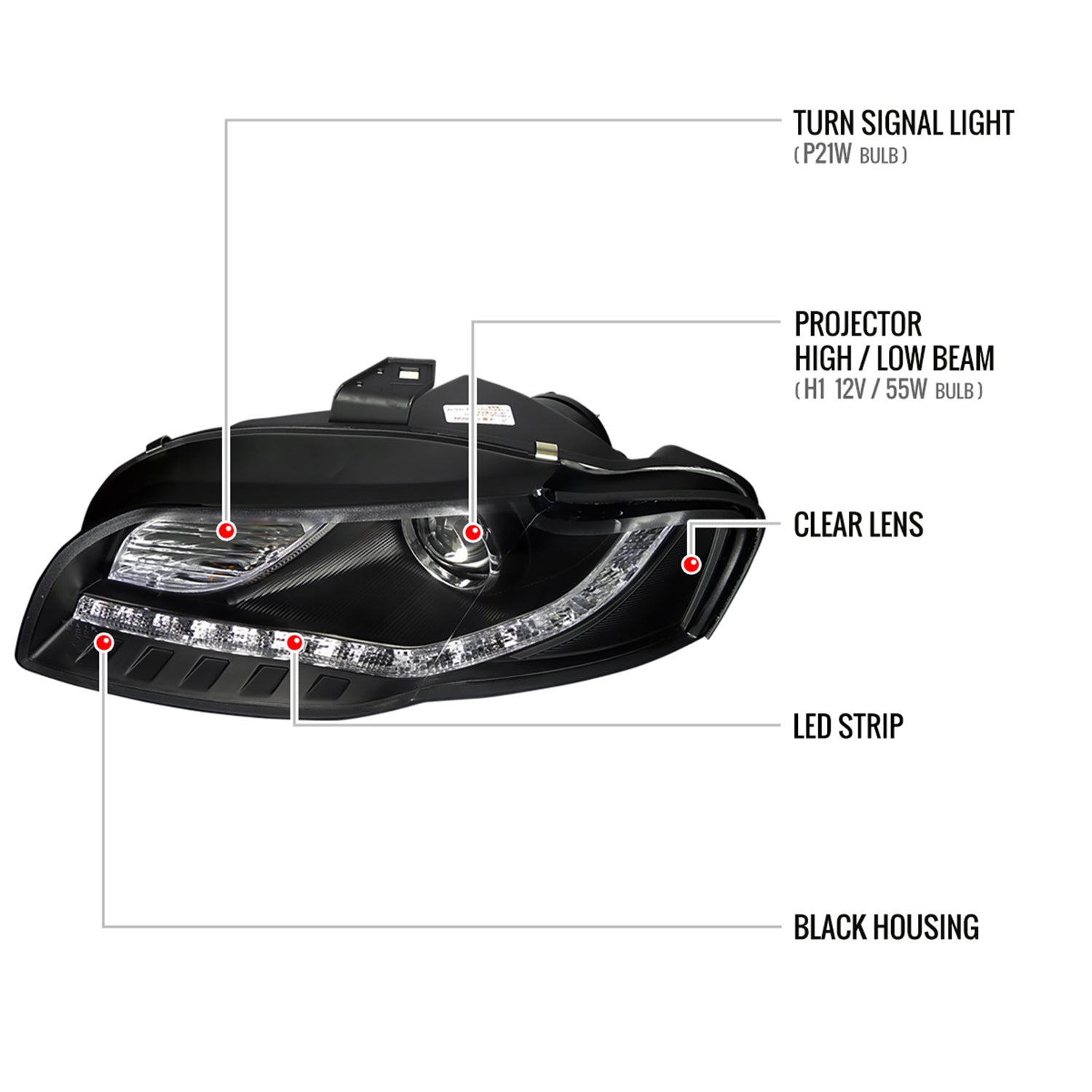 2006-2008 Audi A4 Projector Headlights R8 SMD LED Light Strip Matt Black/Clear