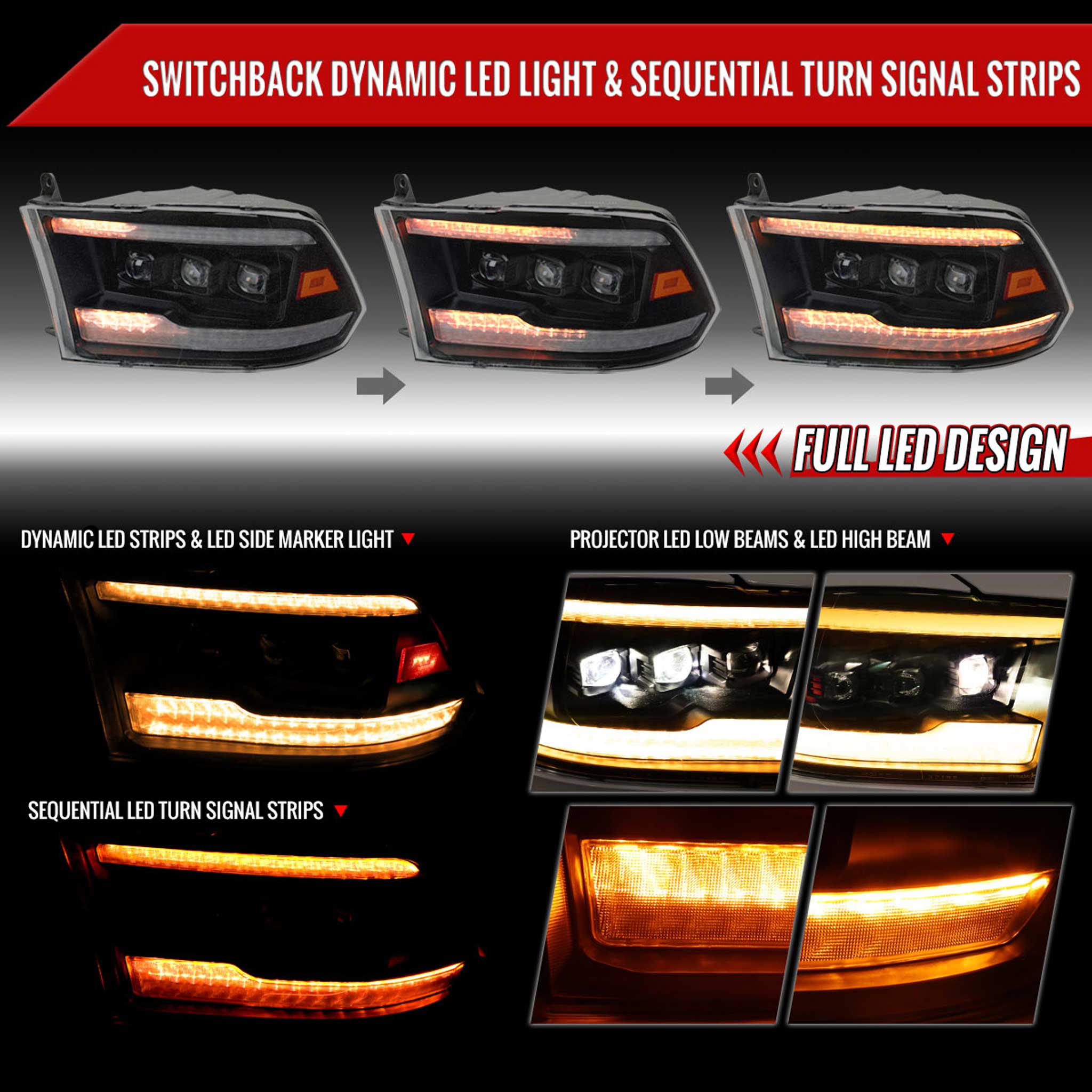 For Dodge RAM 1500 2009-18 / RAM Classic 2019 / 2500 3500 2010-18 Switchback Full Amber LED Projector Headlights Matte Black Housing Clear Lens