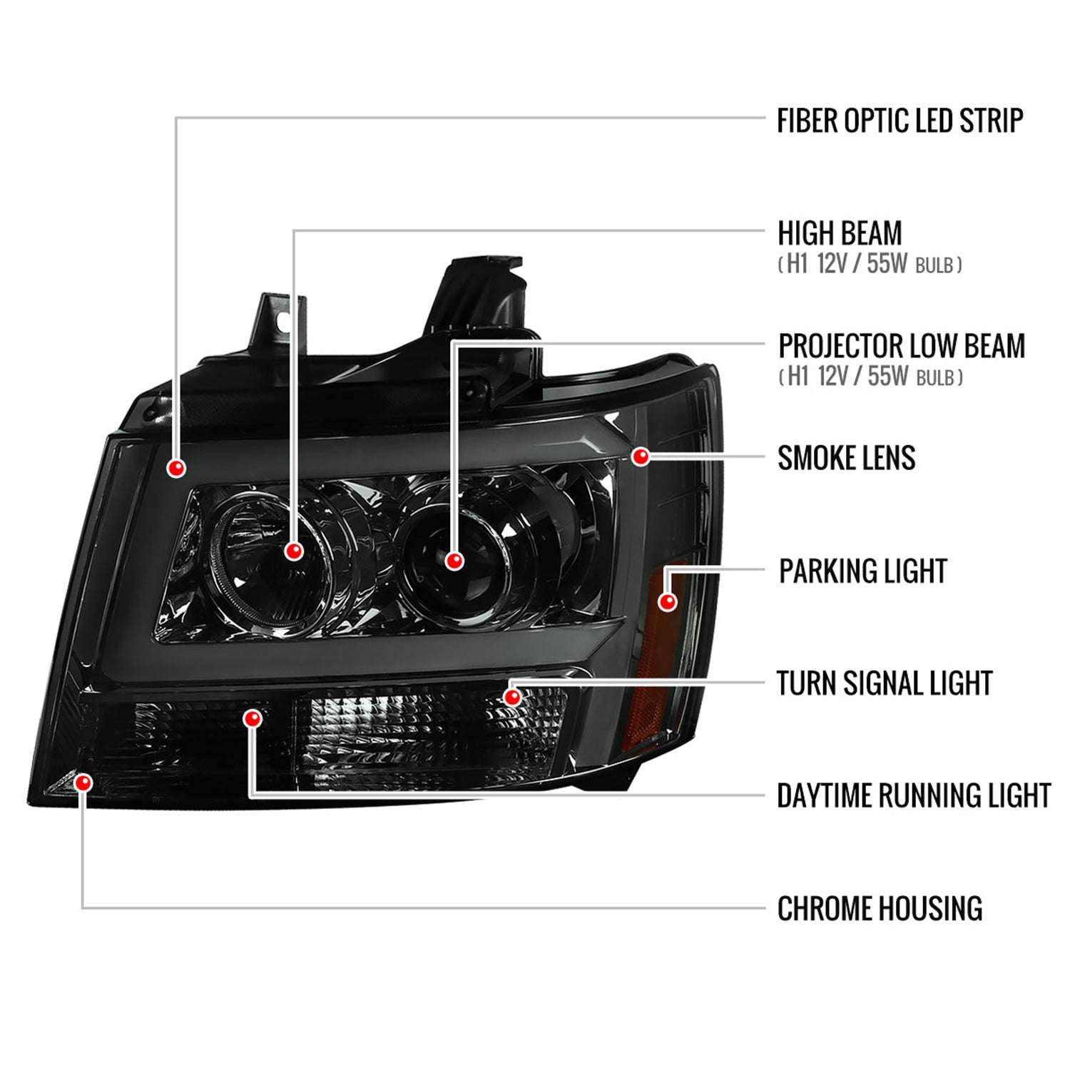 2007-2013 Chevy Avalanche/ Tahoe Suburban LED C-Bar Headlights Chrome&Smoke