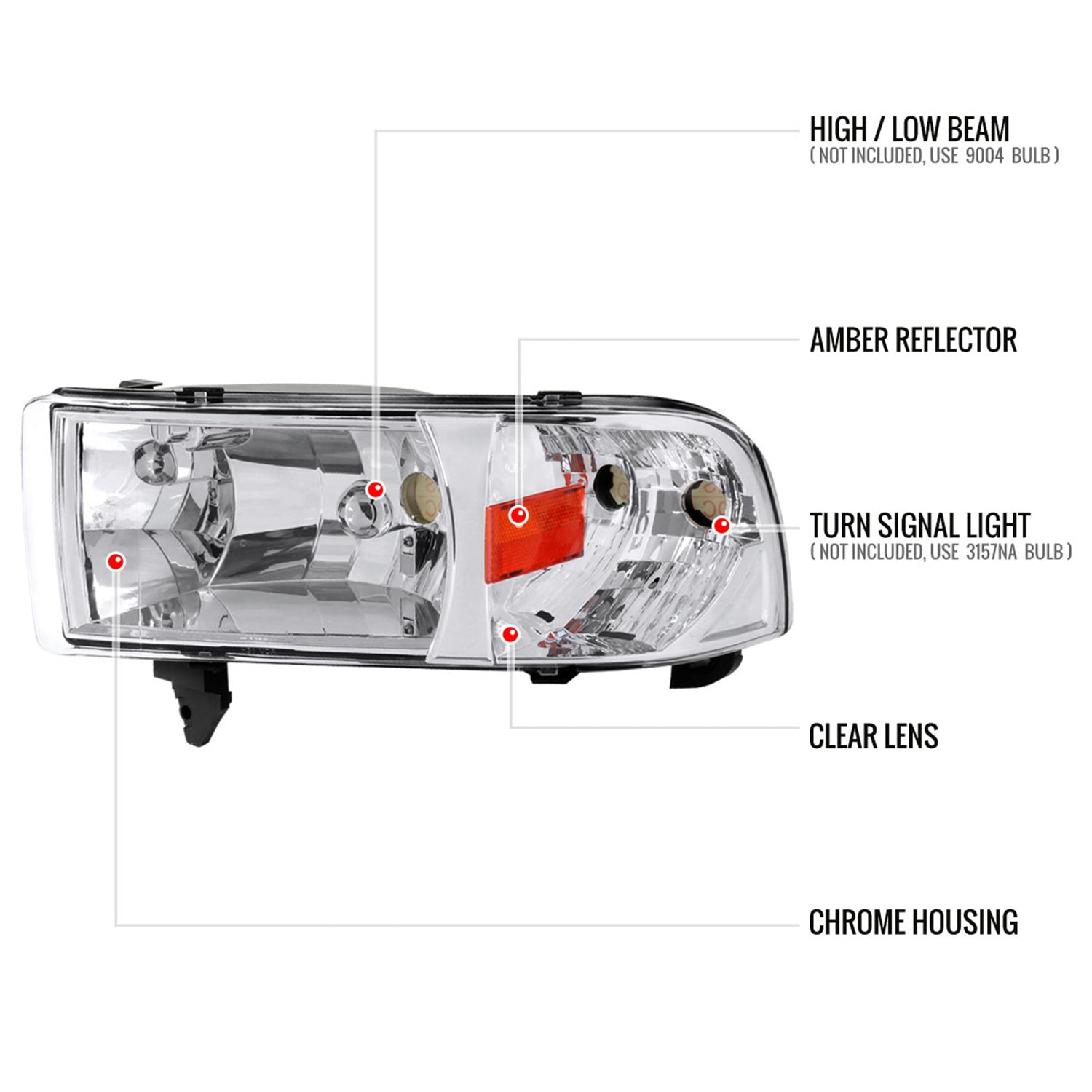 1994-2001 Dodge RAM 1500 2500 3500 Factory Headlights Chrome/Clear