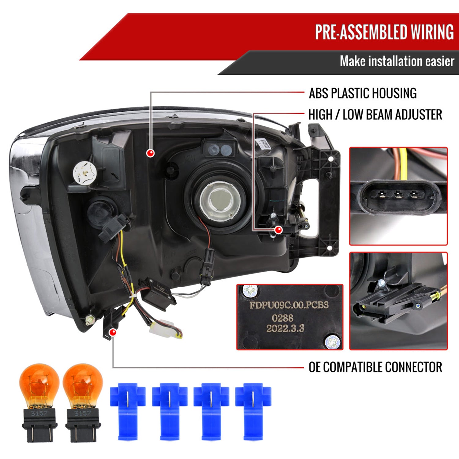 2006-2008 Dodge Ram 1500/ Ram 2500 3500 LED Headlights Amber Reflector Black