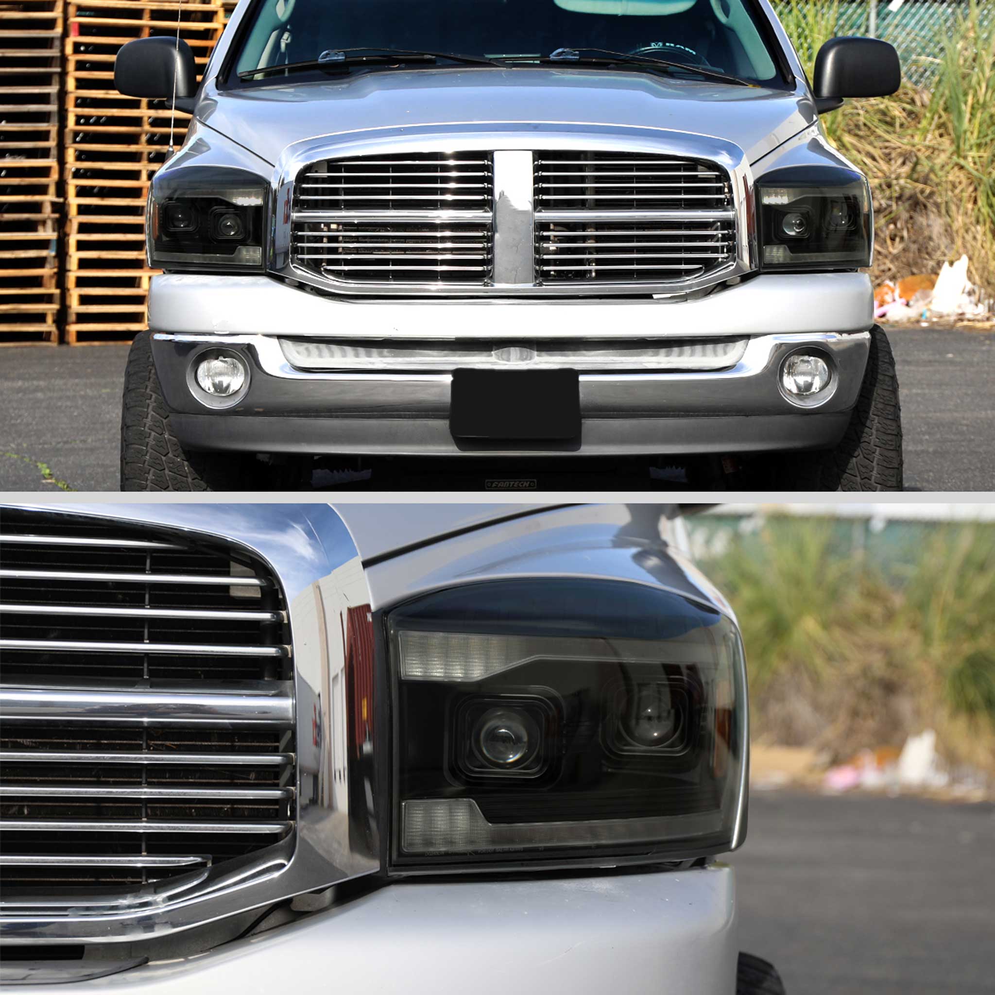 For Dodge RAM 1500 2006-08 / RAM 2500 3500 2006-09 Headlights Switchback Amber LED Strip Turn Signals DRL Black Housing Smoked Lens