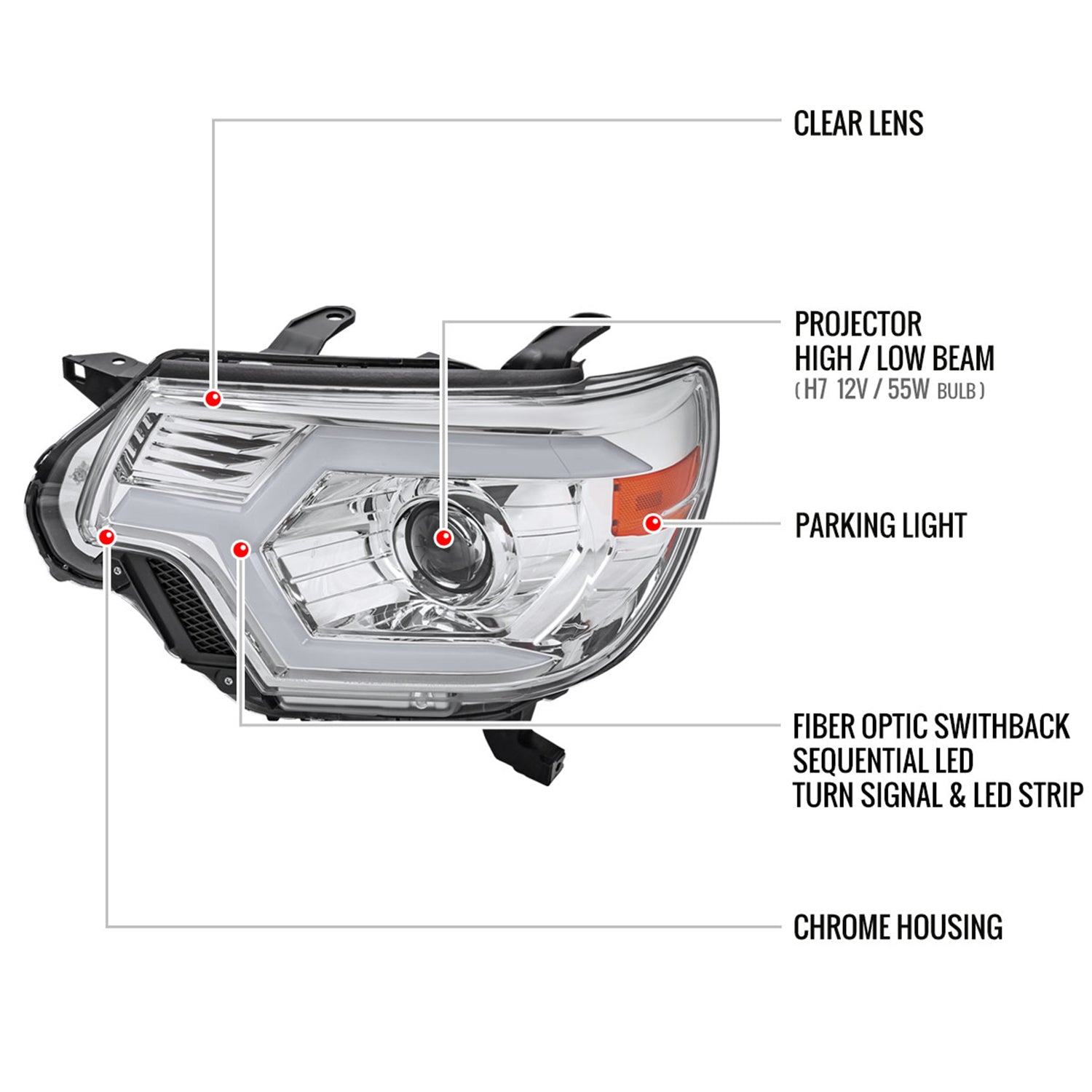 2012-2015 Toyota Tacoma Sequential LED Bar Projector Headlights Chrome