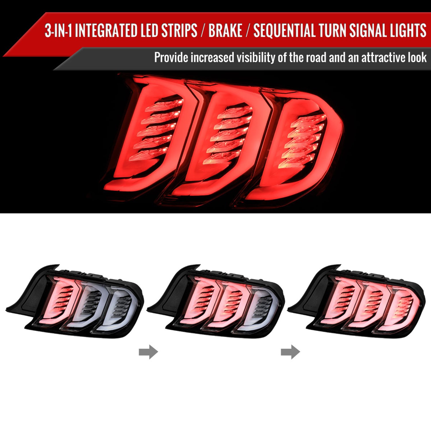 2015-2023 Ford Mustang Sequential Signal LED Tail Lights Jet Black/Clean Lens