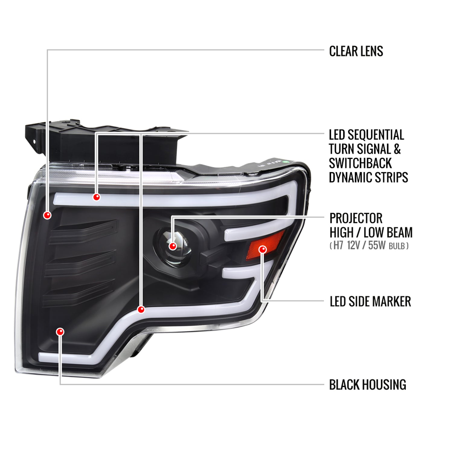 2009-2014 Ford F-150 Sequential LED Turn Signal Projector Headlights Black