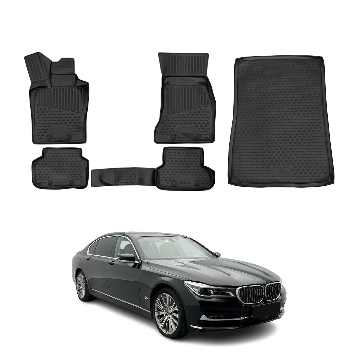2016-2022 BMW 7 Series G12 Long Sedan Floor Mats & Cargo Liner Full Set All Weather Black