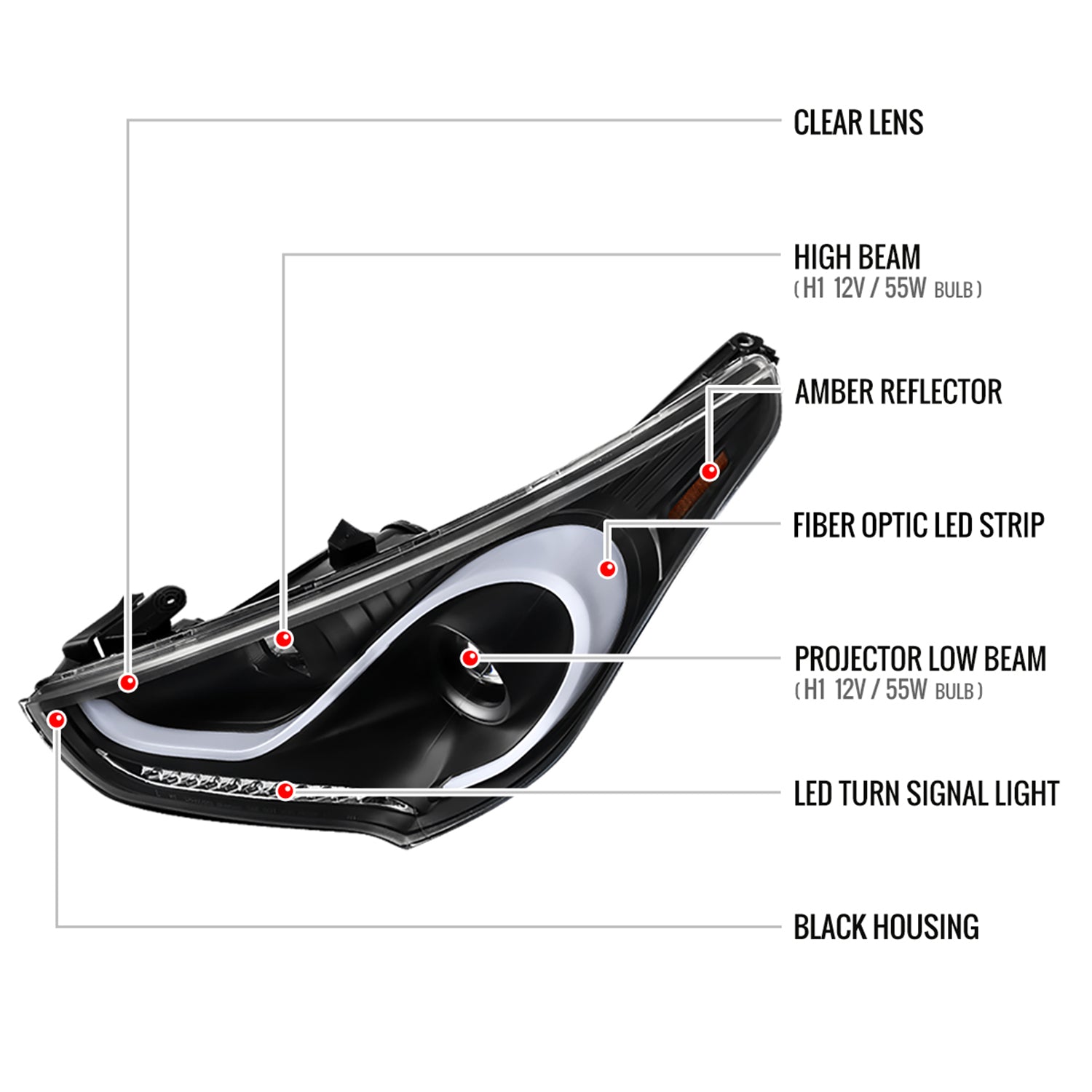 2012-2017 Hyundai Veloster LED Bar Projector Headlight Signal Lights Black