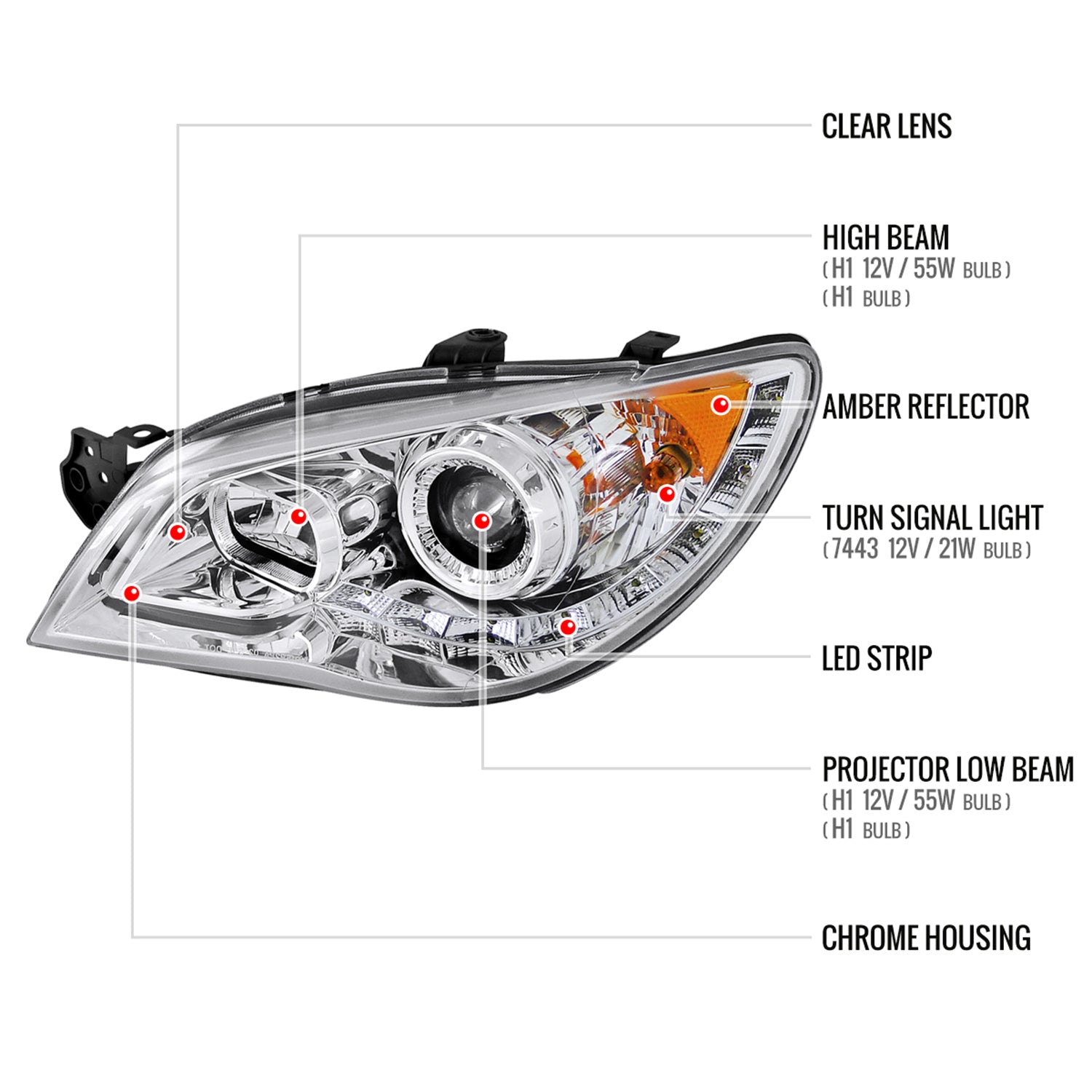 2006-2007 Subaru Impreza WRX/STI Projector Headlights LED Light Strip Chrome