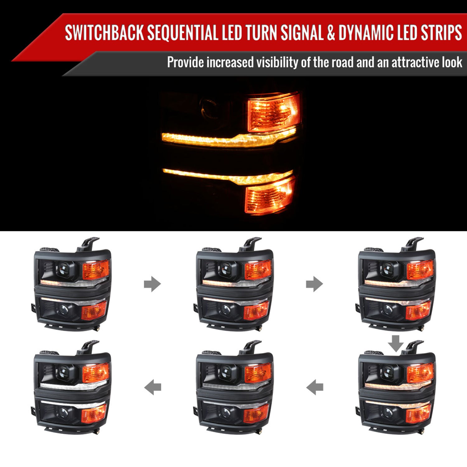 2014-2015 Chevy Silverado 1500 LED Bar Projector Headlights Black/Black Trim