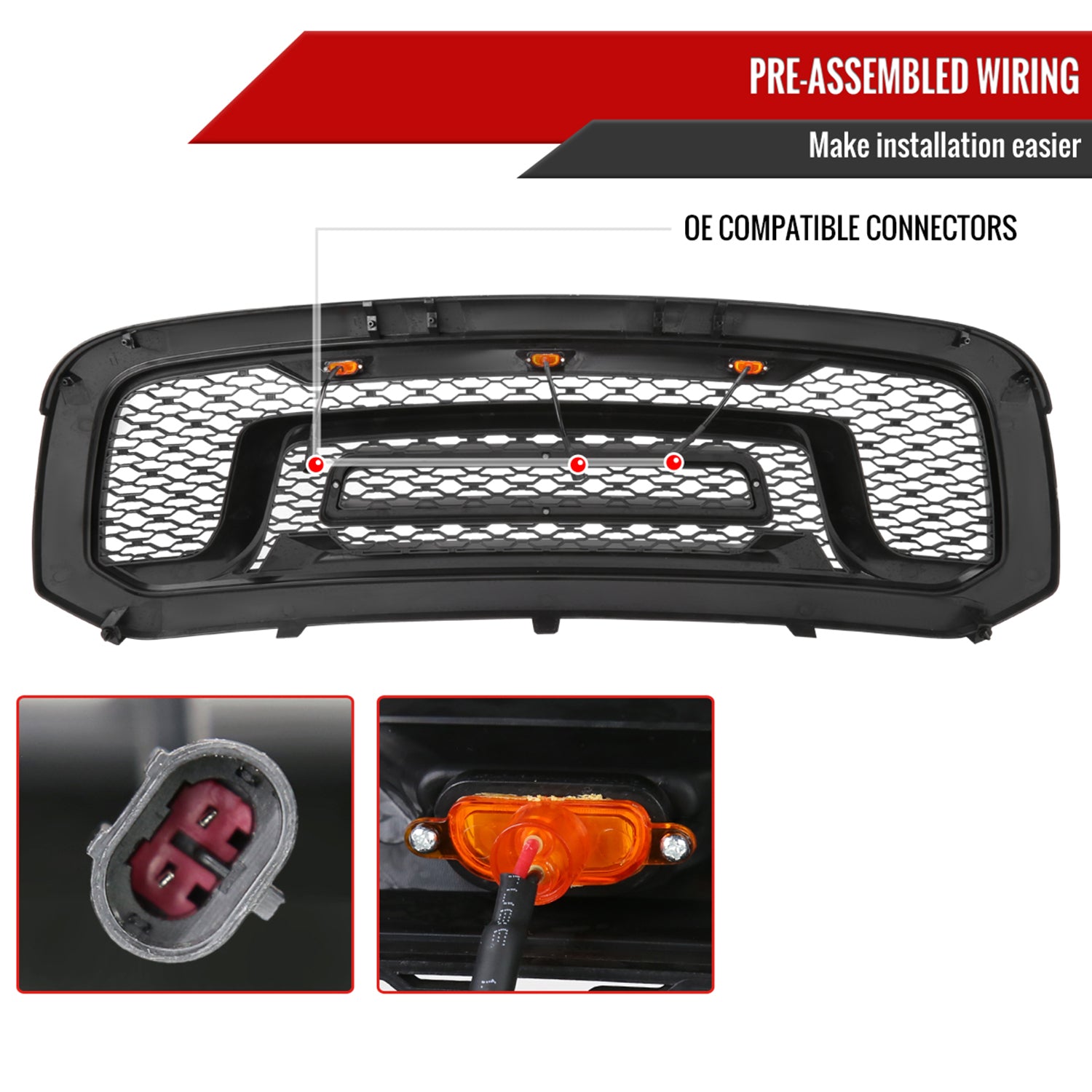 2013-2018 Dodge RAM 1500 Rebel Style Front Hood Grille w/ Amber LED Lights