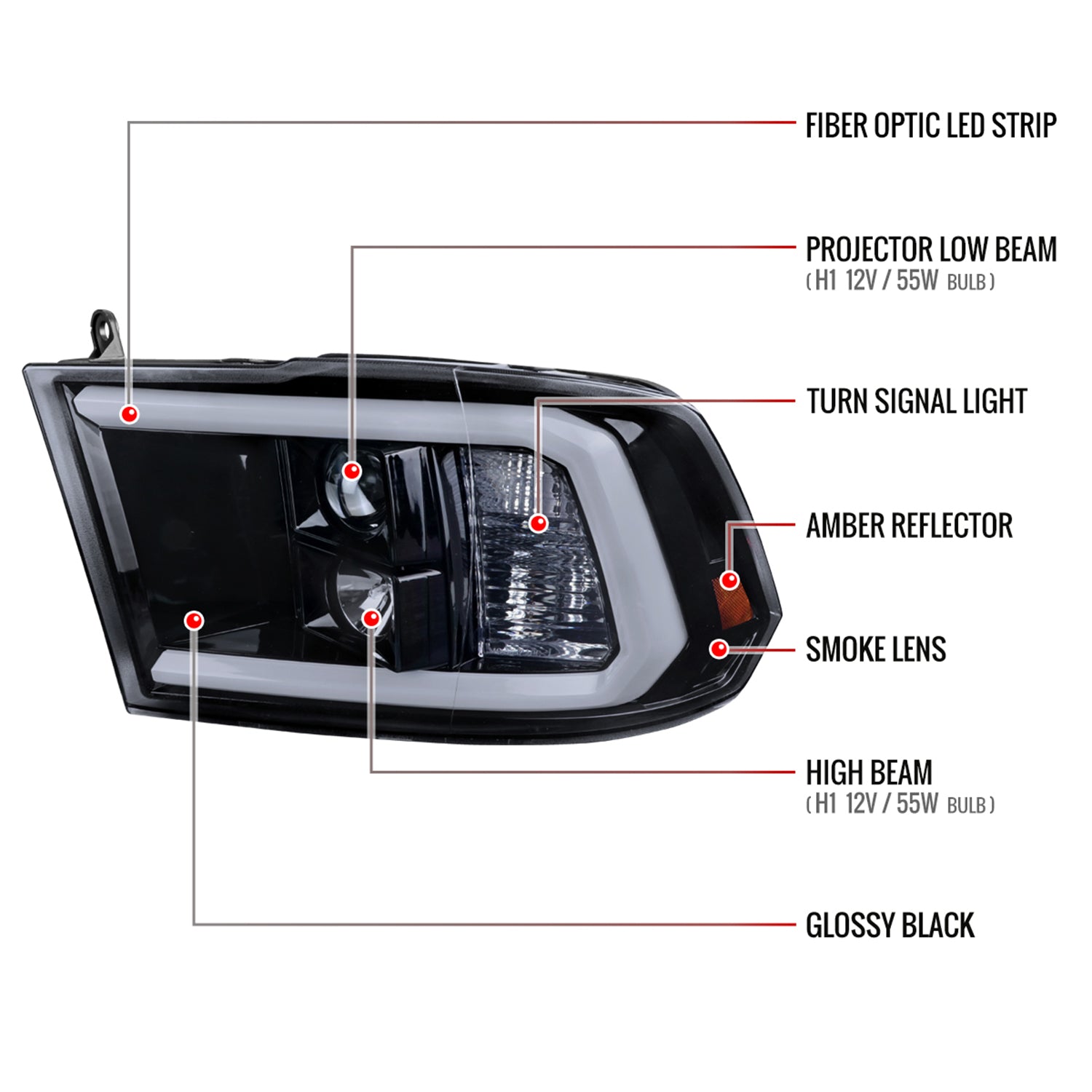 2009-2018 Dodge RAM 1500 / 2500 3500 LED C-Bar Headlights Glossy Black