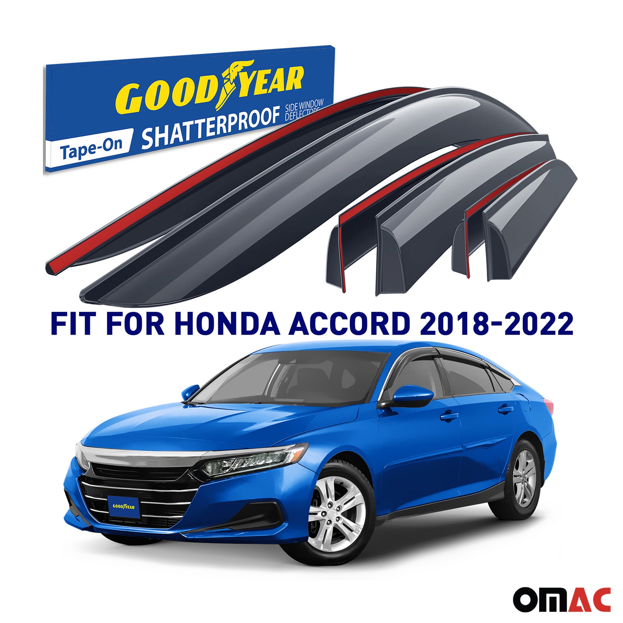 Goodyear Wind Deflectors for Honda Accord 2018-2022 Tape-On Premium Smoke 6 pcs