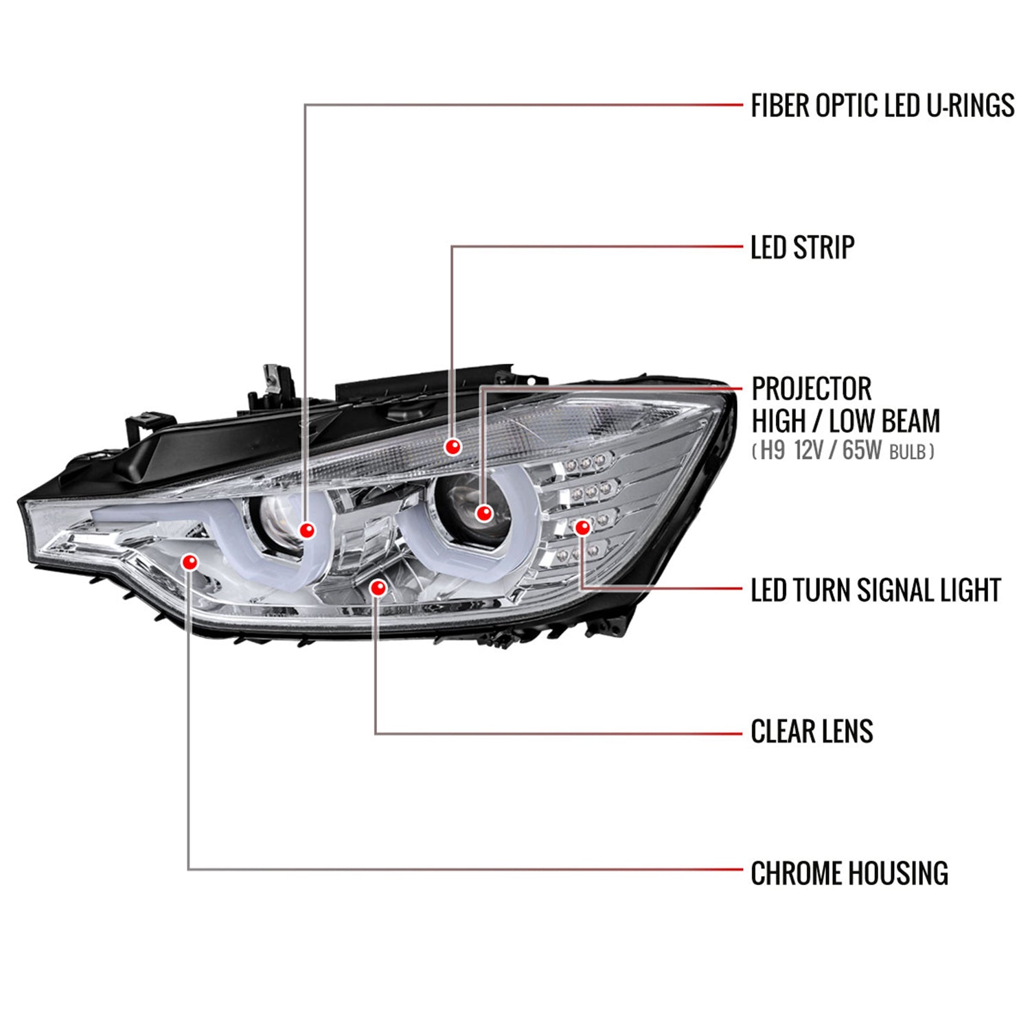 2012-2015 BMW F30 3 Series Sedan Dual U-Bar Headlights LED Signal Lights Chrome