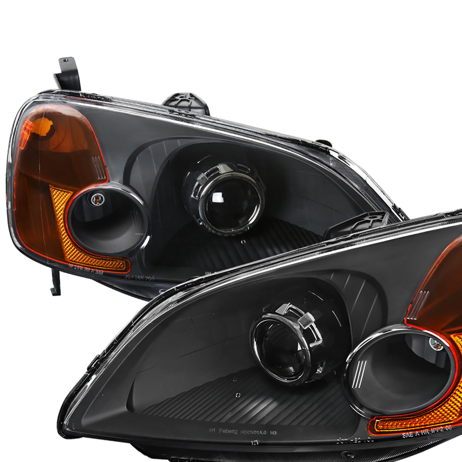 2001-2003 Honda Civic Projector Headlights w/ H1 Bulbs Matte Black/Clear Lens