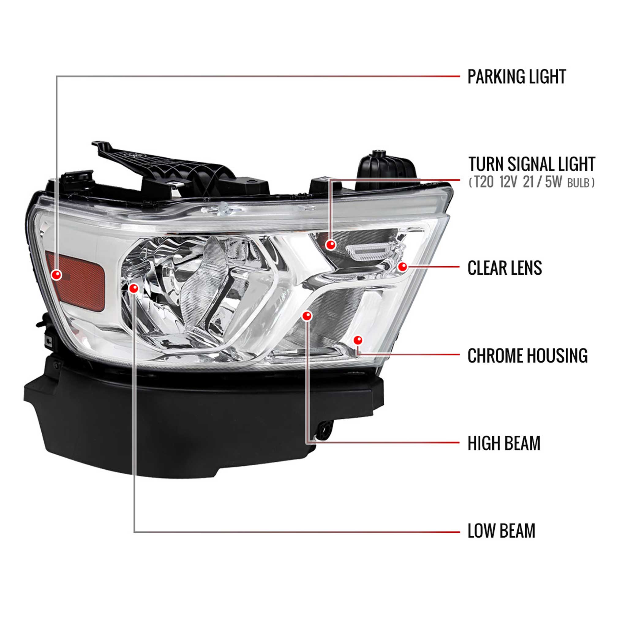 For Dodge RAM 1500 2019-2024 Factory Style Crystal Headlight Passenger Side Only Chrome Housing Clear Lens