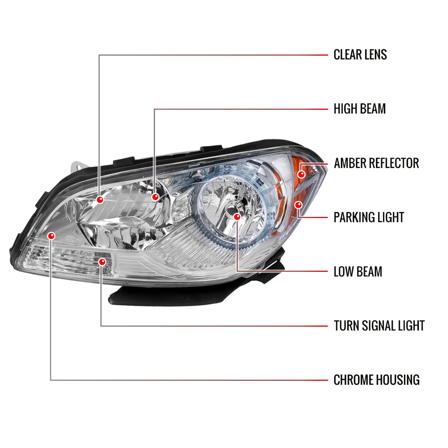 2008-2012 Chevy Malibu LS/LT/LTZ Crystal Headlights Amber Reflectors Chrome