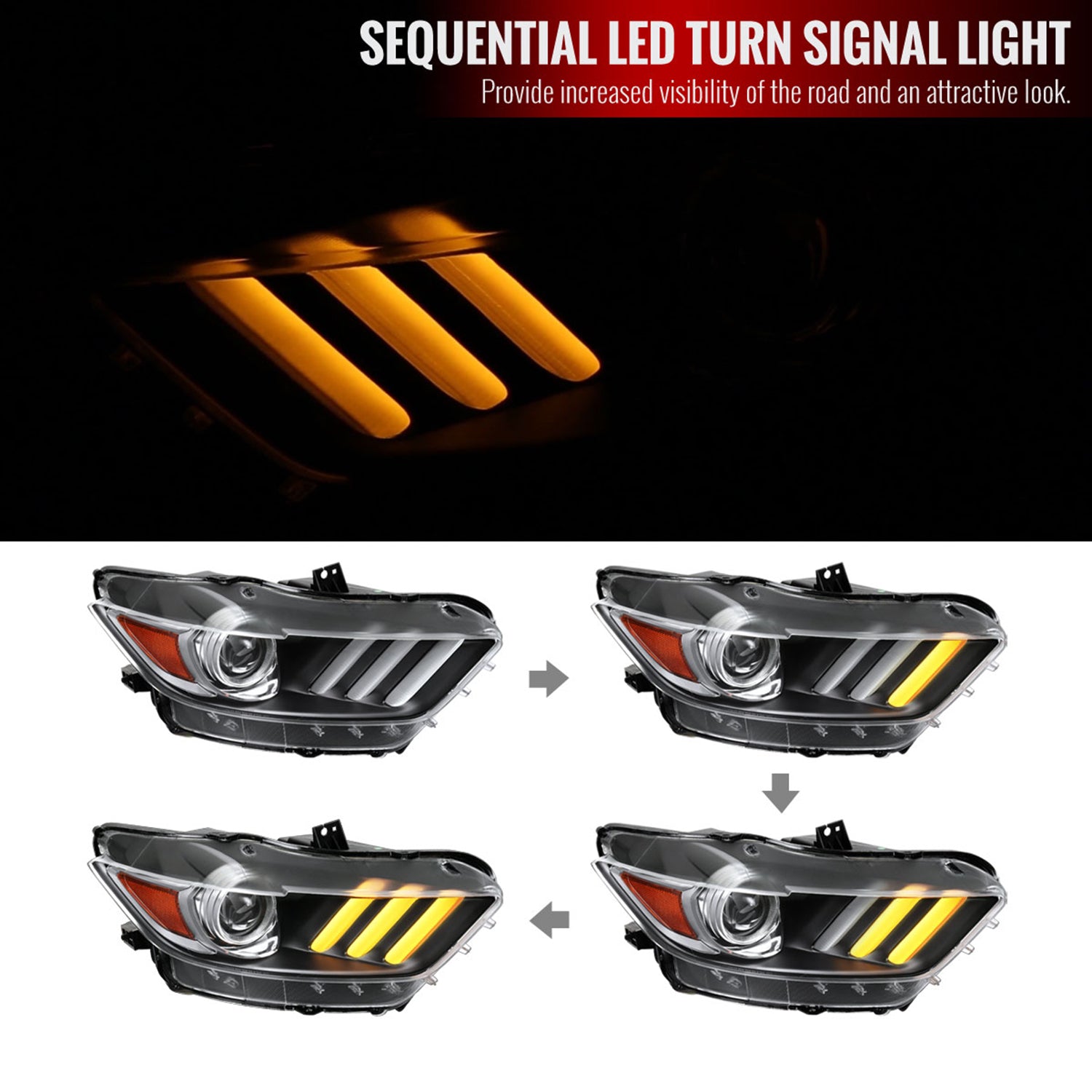 2015-2017 Ford Mustang HID/Xenon LED Turn Signal Projector Headlights Black