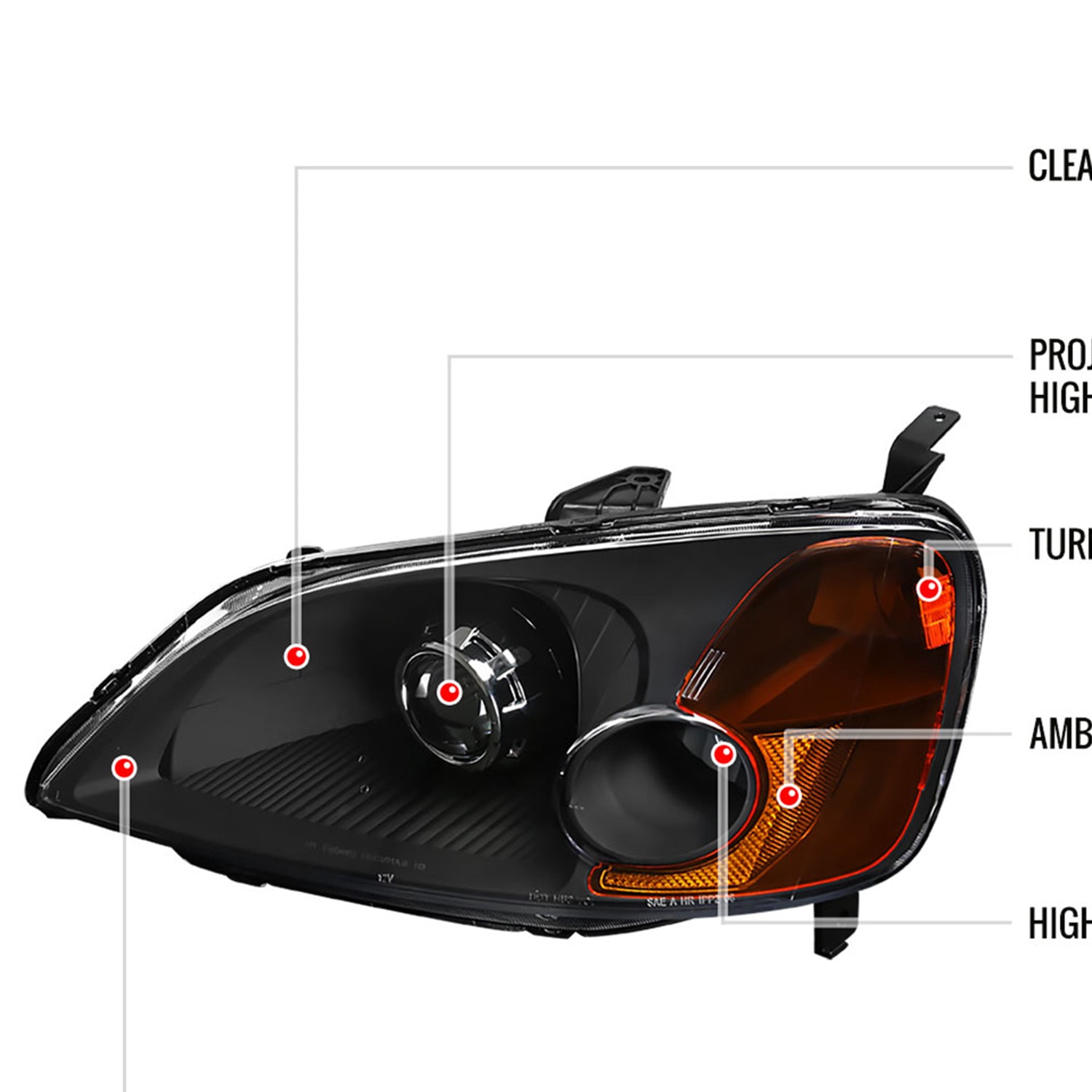 2001-2003 Honda Civic Projector Headlights w/ H1 Bulbs Matte Black/Clear Lens