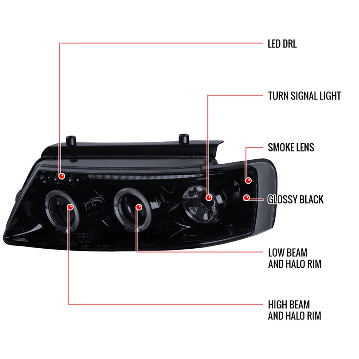 1997-2000 VW Passat Dual Halo Projector Headlights Glossy Black/Smoke Lens