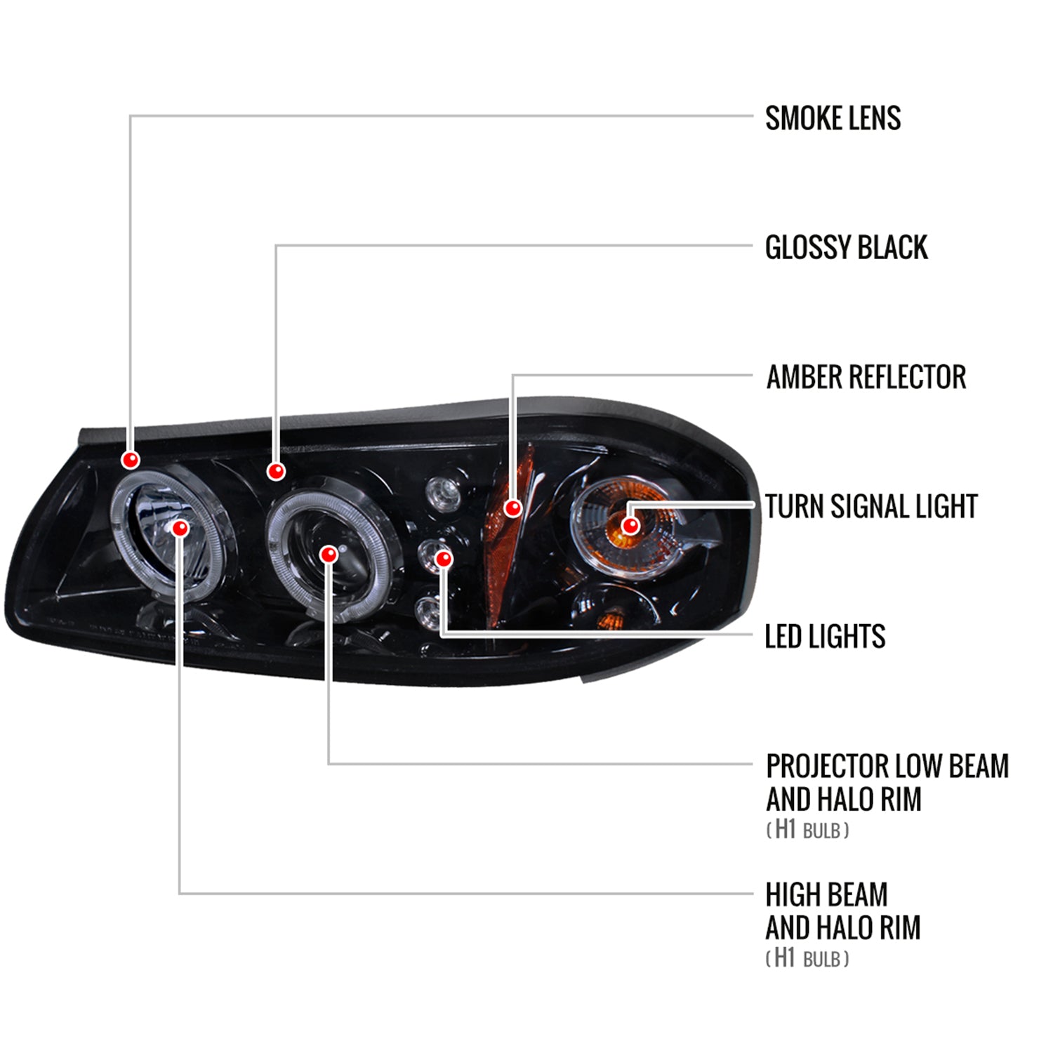 2000-2005 Chevy Impala Dual Halo Projector Headlights Glossy Black/Smoke Lens