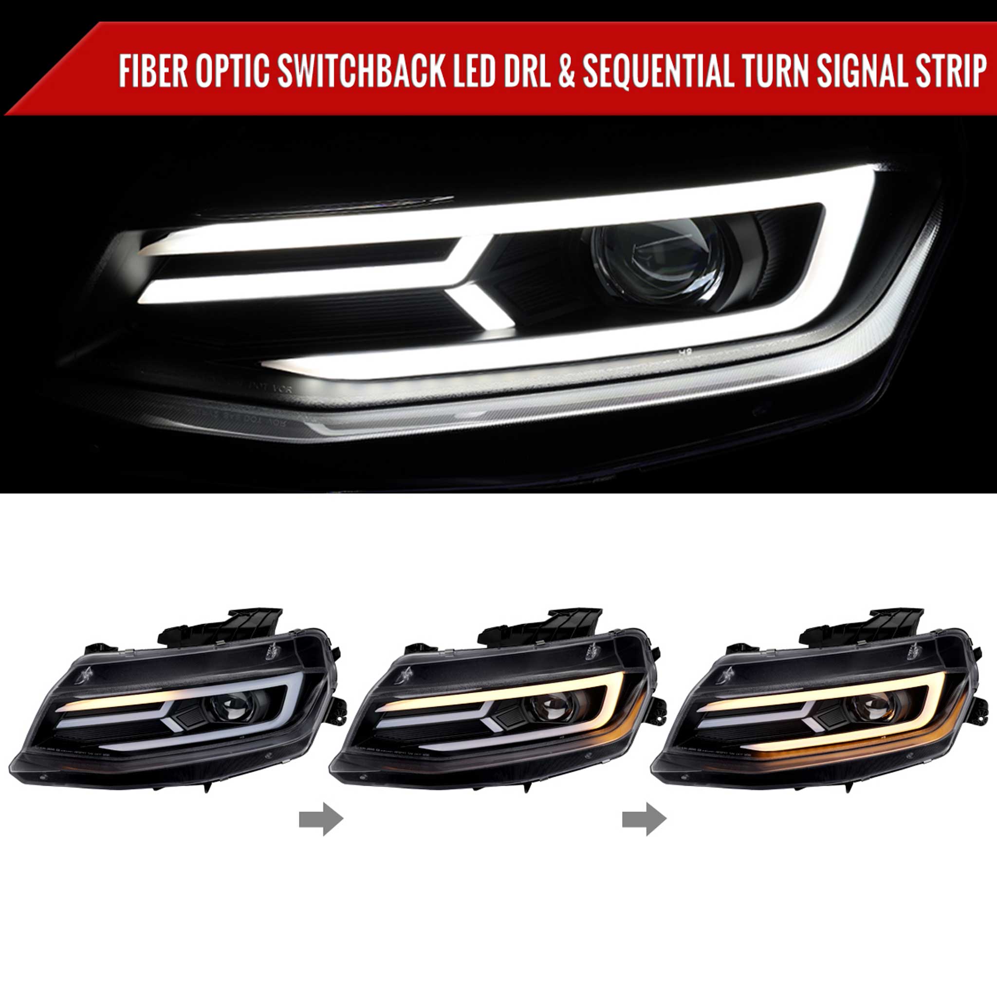 For Chevrolet Camaro 2016-2018 LED Strip Projector Headlights Turn Signal Lights Matte Black Housing Clear Lens