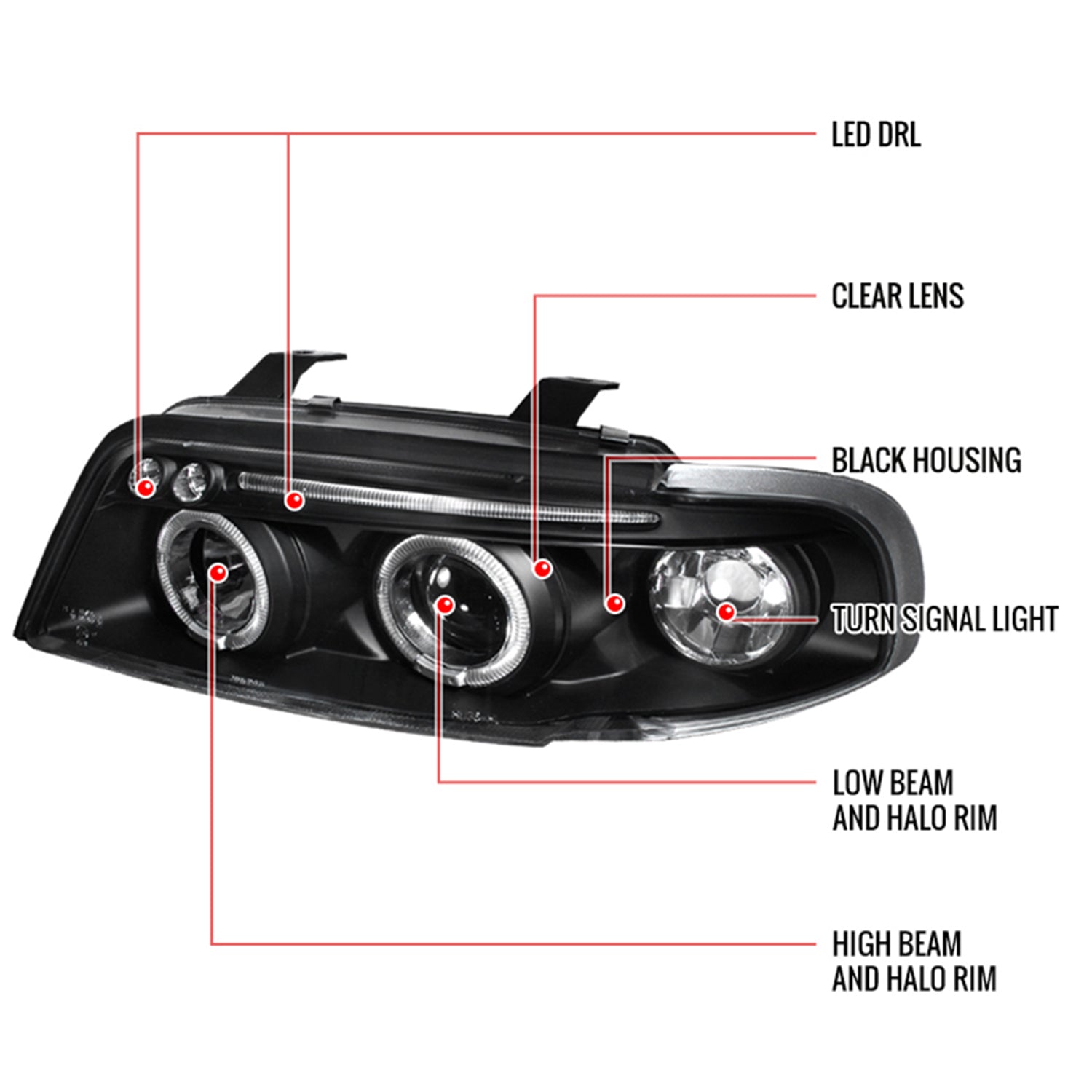 1996-1999 Audi A4 Dual Halo Projector Headlights Matte Black/Clear Lens