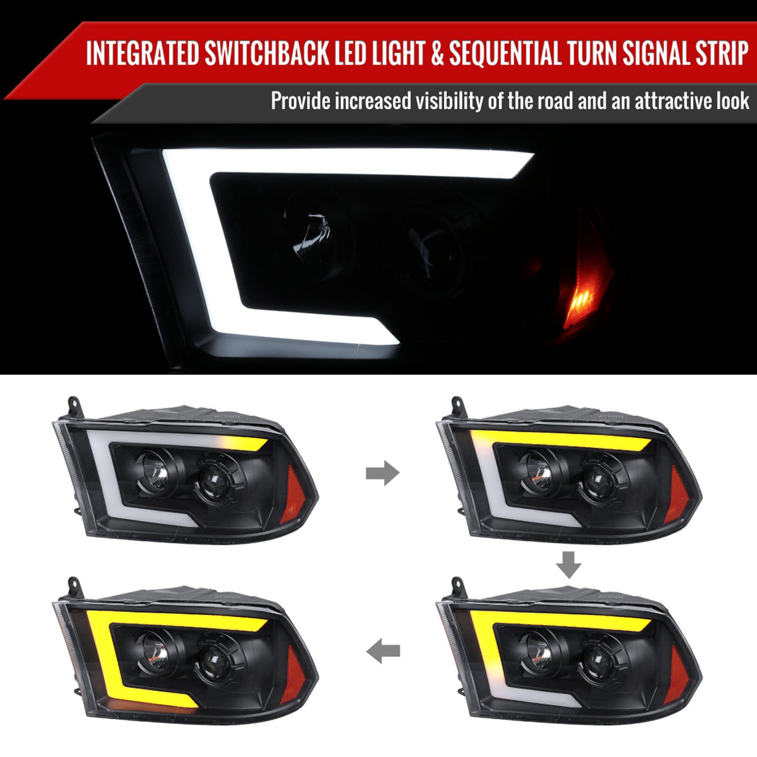 2009-2018 Dodge RAM 1500 / RAM 2500 3500 LED C-Bar Headlights Matte Black