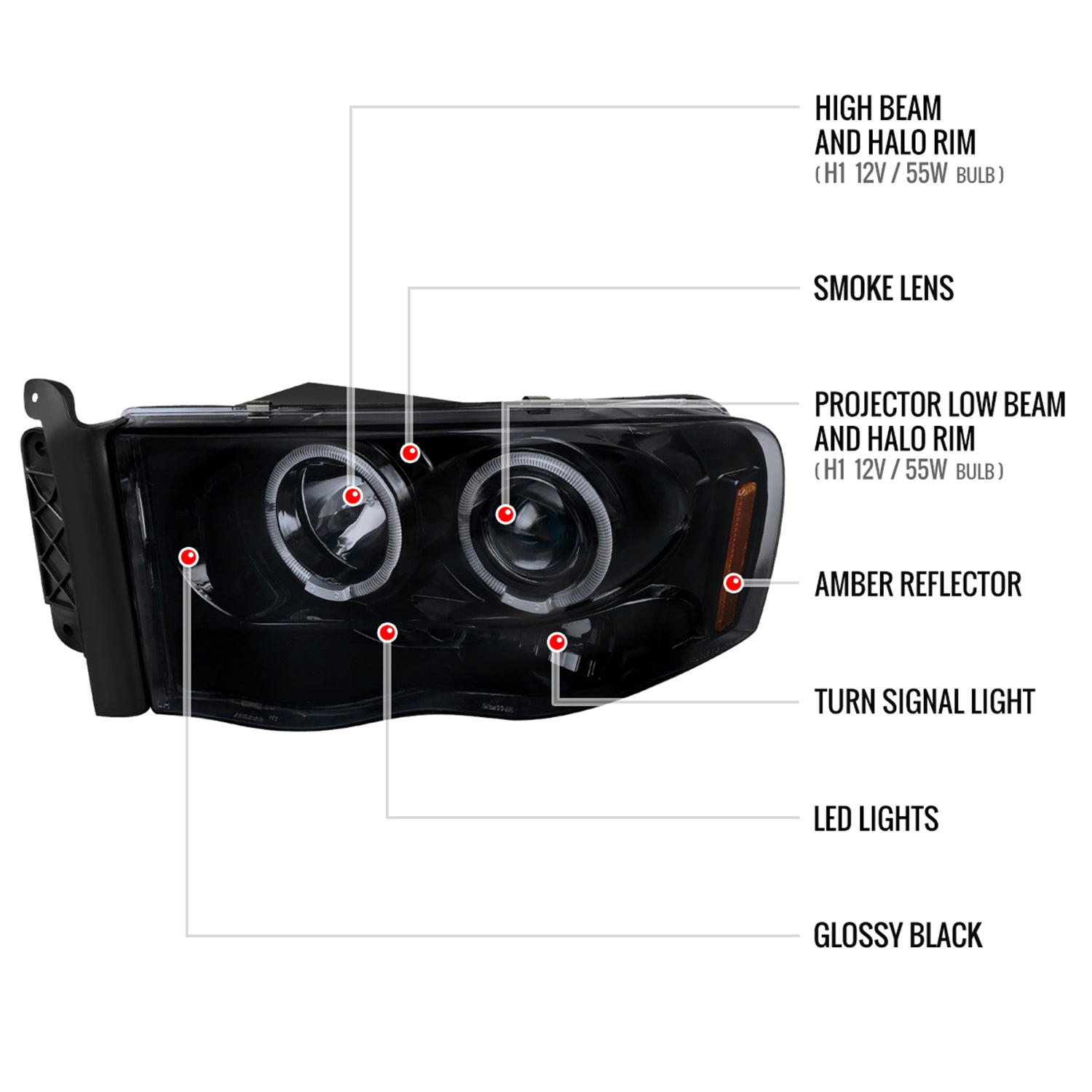 2002-2005 Dodge RAM 1500/ 03-2005 RAM 2500 3500 Dual Halo Headlights Smoke