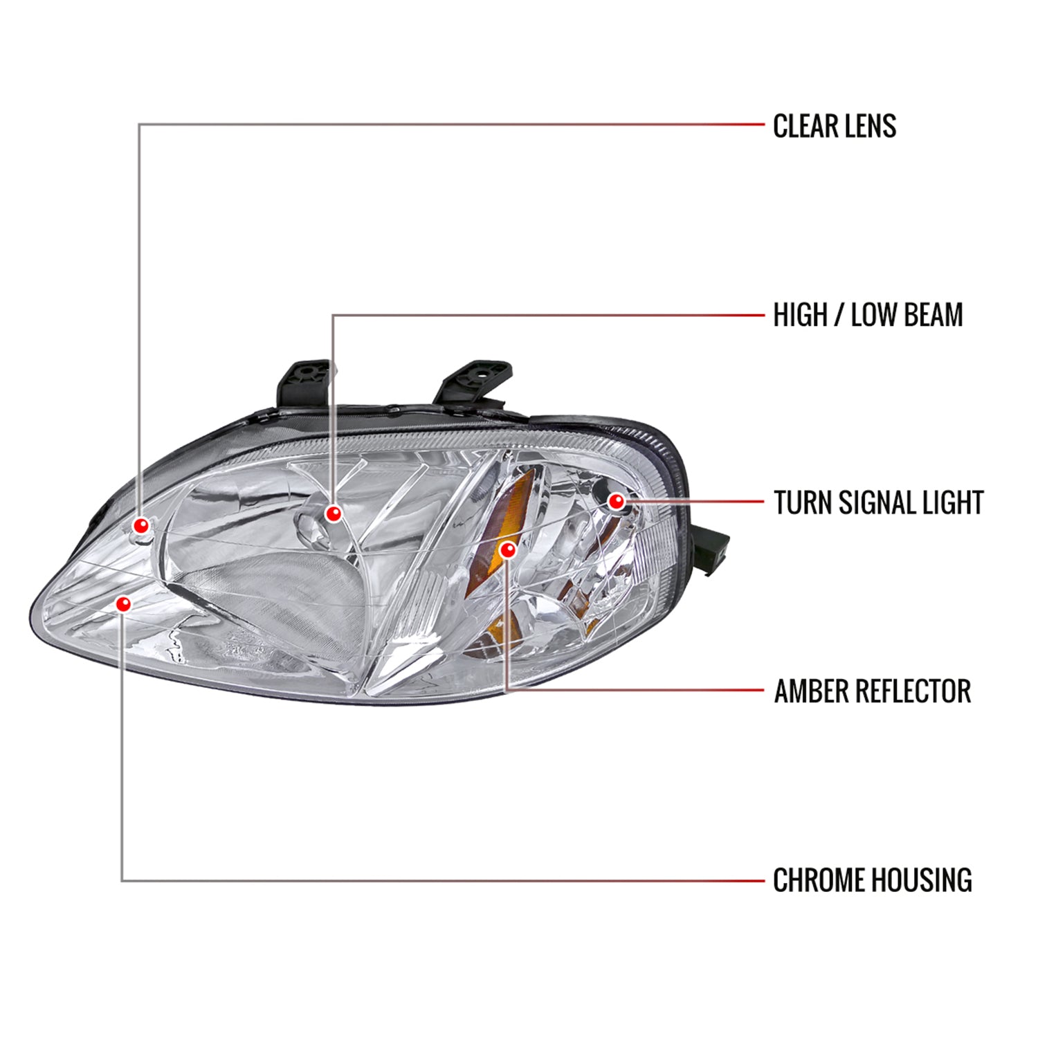 1999-2000 Honda Civic Crystal Headlights w/ Amber Reflector Chrome/Clear Lens