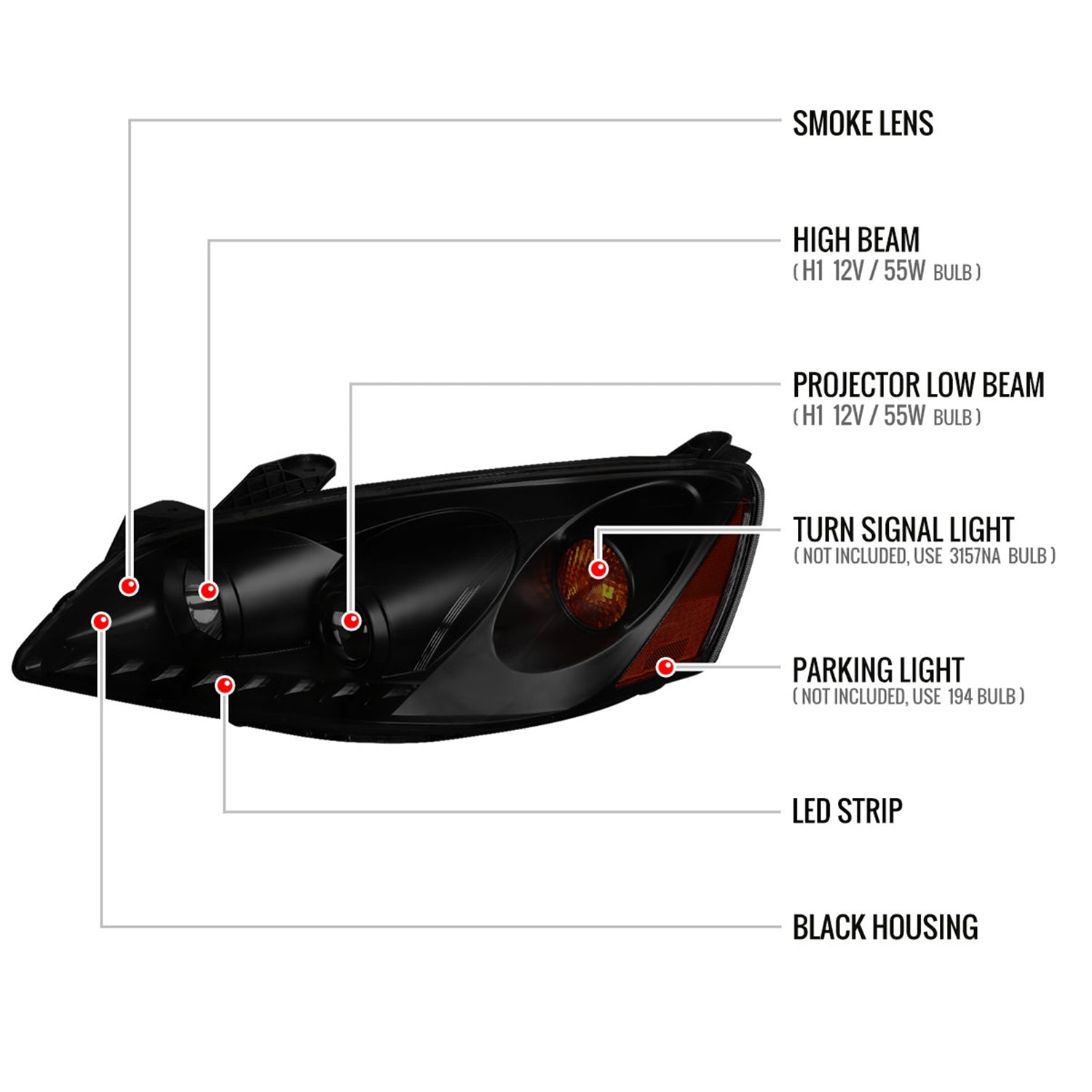 2005-2010 Pontiac G6 Projector Headlights w/ LED Light Strip Black/Smoke Lens