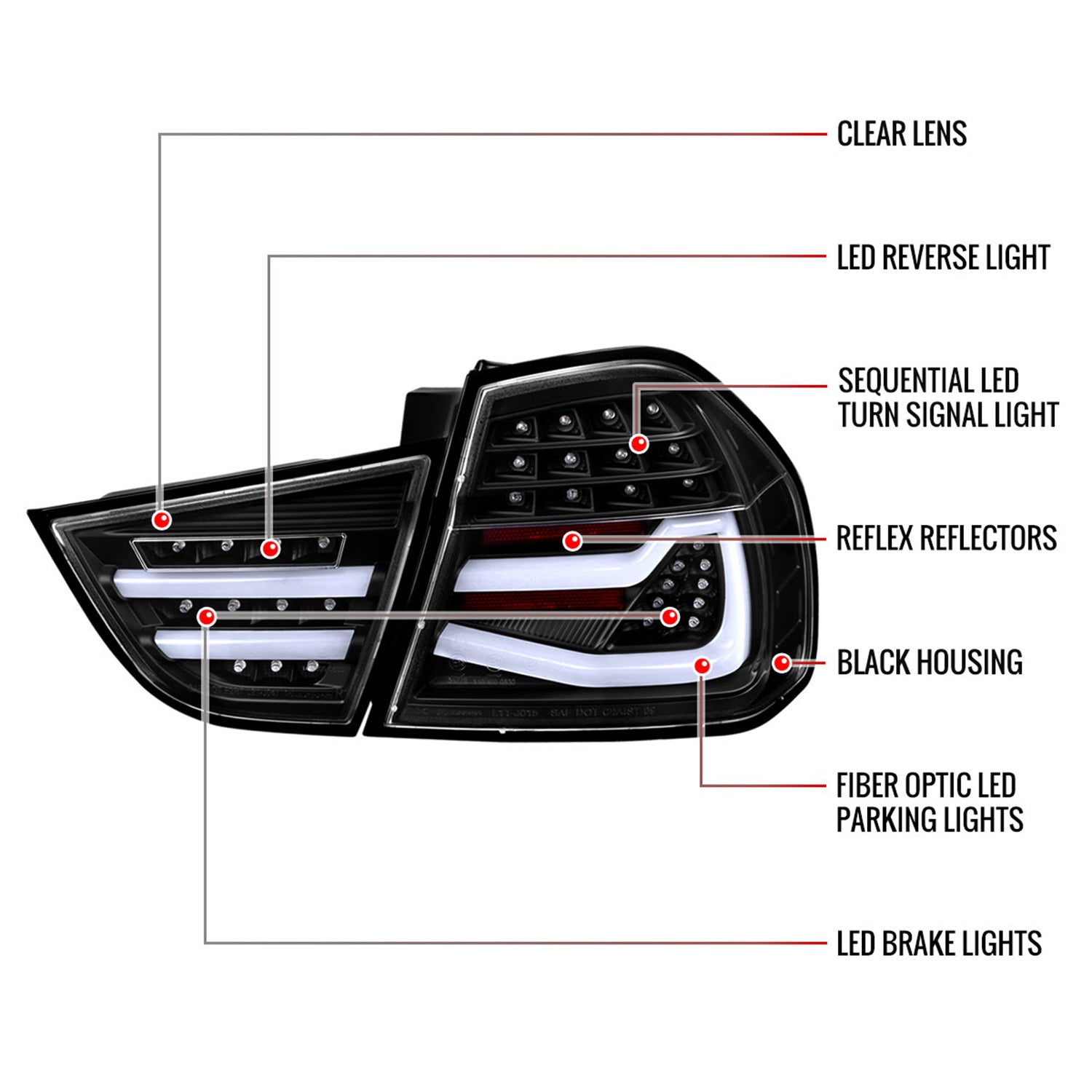 2009-2011 BMW E90 3-Series 4Dr Sedan Red LED Tail Light Matte Black/Clear Lens