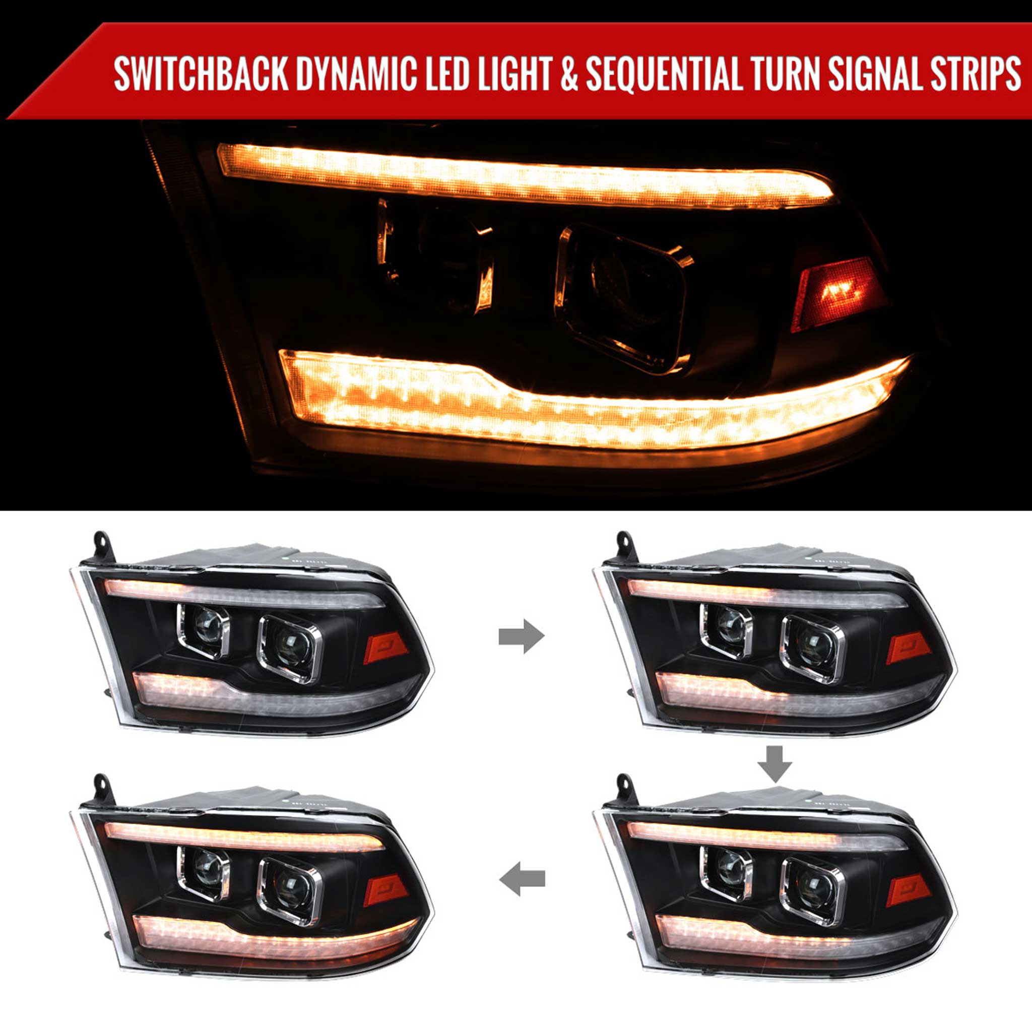 For Dodge RAM 1500 2009-18 / RAM Classic 2019-21 / 2500 3500 2010-18 Amber LED Bar Switchback Projector Headlights Matte Black Housing Clear Lens